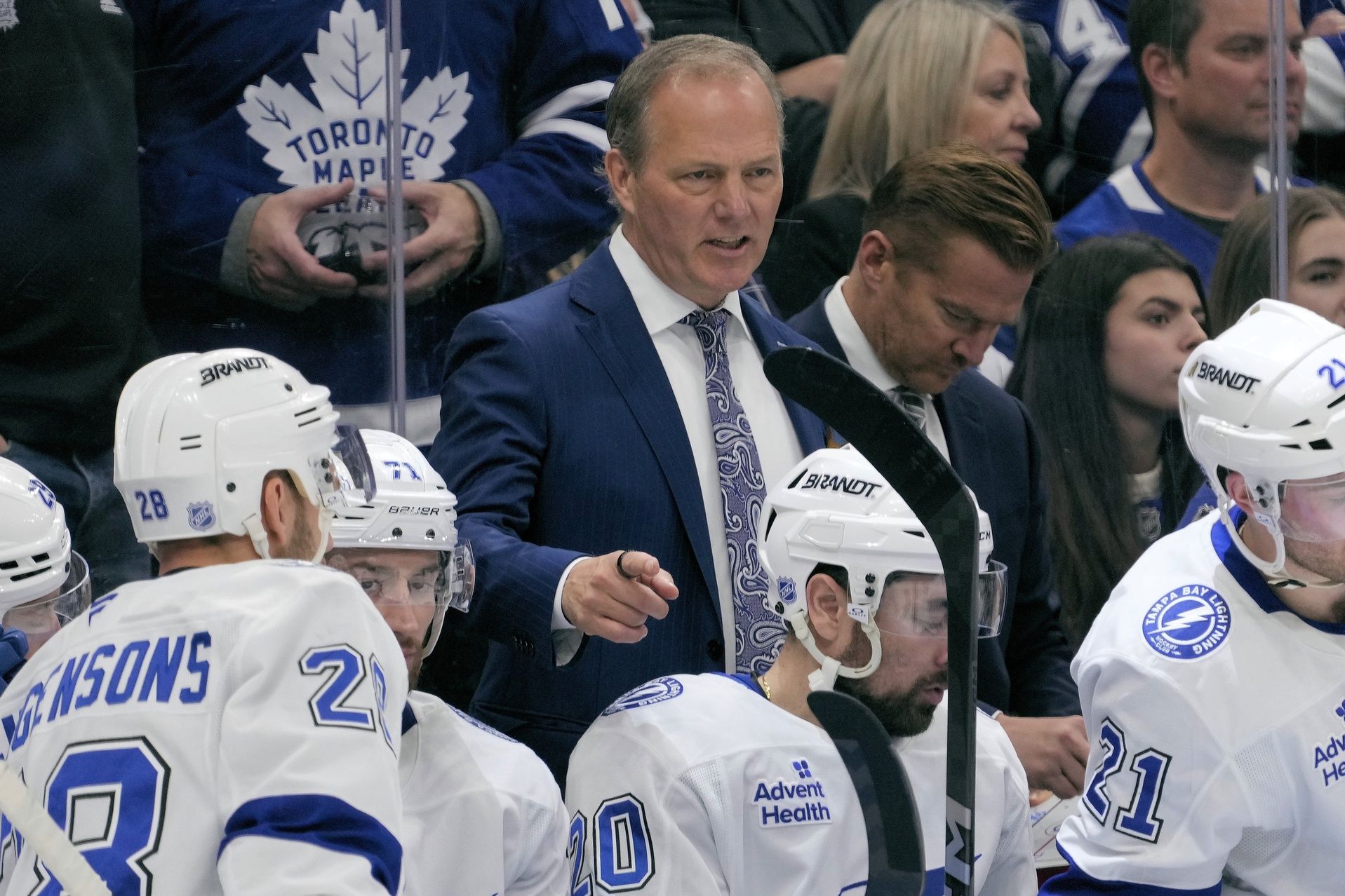Tampa Bay Lightning head coach Jon Cooper talks to his players during a break in the action against the Toronto Maple Leafs at Scotiabank Arena.
