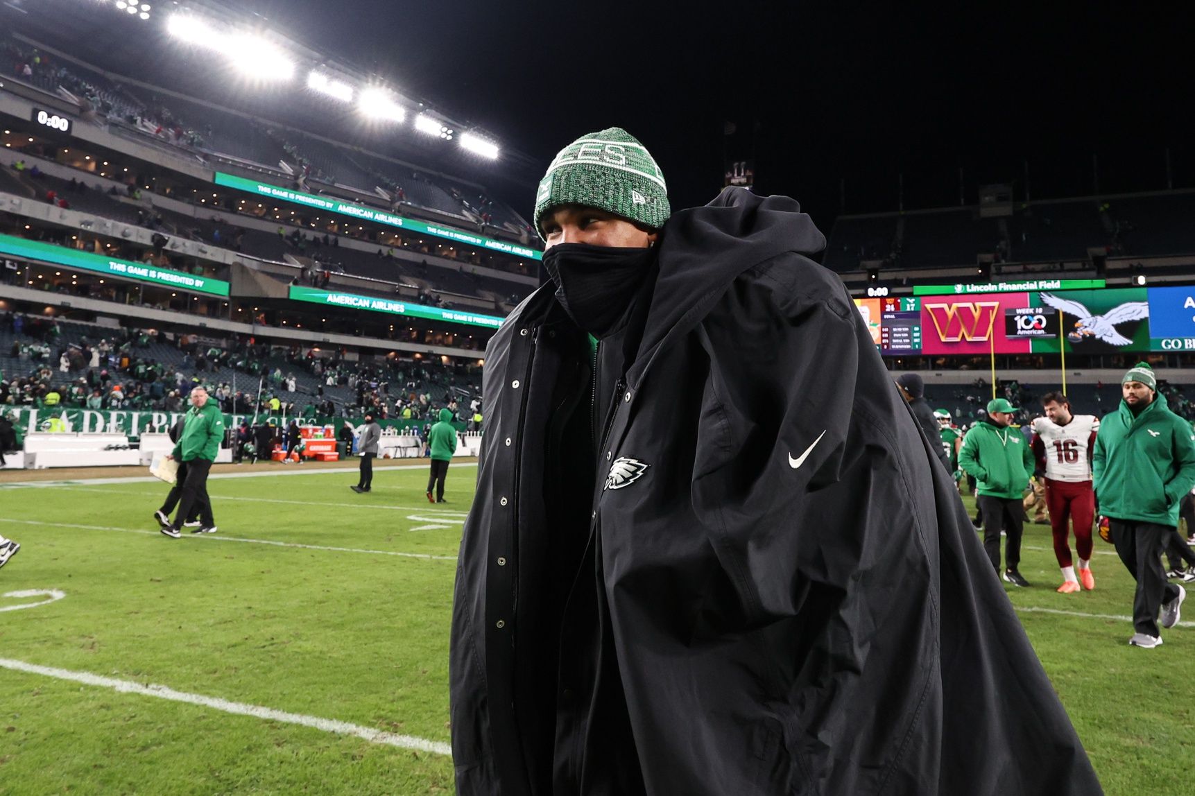 Philadelphia Eagles quarterback Jalen Hurts runs off the field after a loss to the Washington Commanders at Lincoln Financial Field.