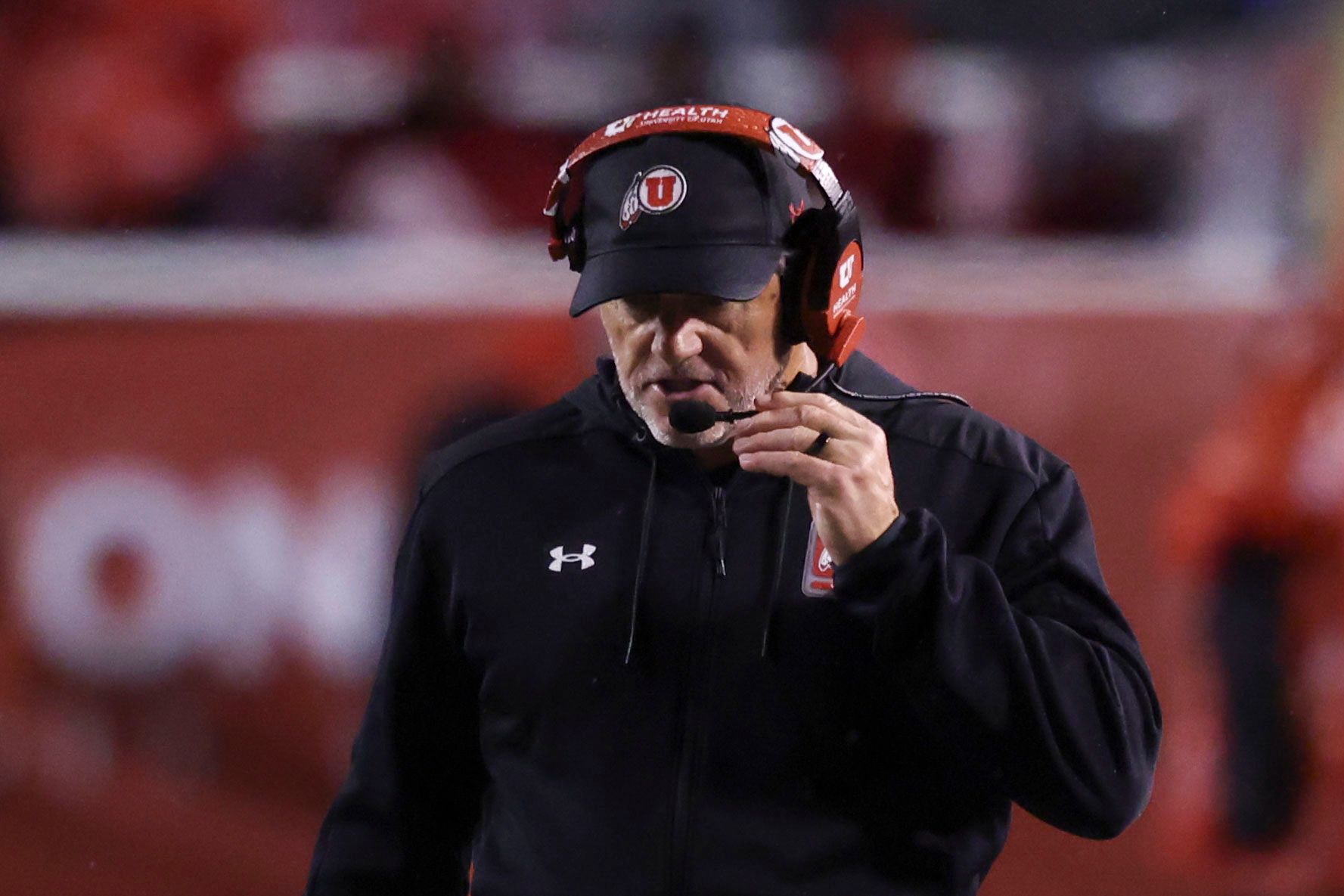 Utah Utes head coach Kyle Whittingham reacts to a play against the Arizona State Sun Devils during the first quarter at Rice-Eccles Stadium.