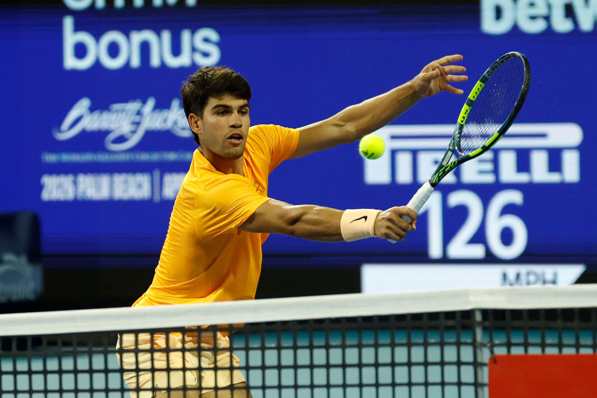 Carlos Alcaraz (ESP) hits a volley against Joo Fonseca (BRA)(not pictured) on day four of the 2026 Miami Open at Hard Rock Stadium.