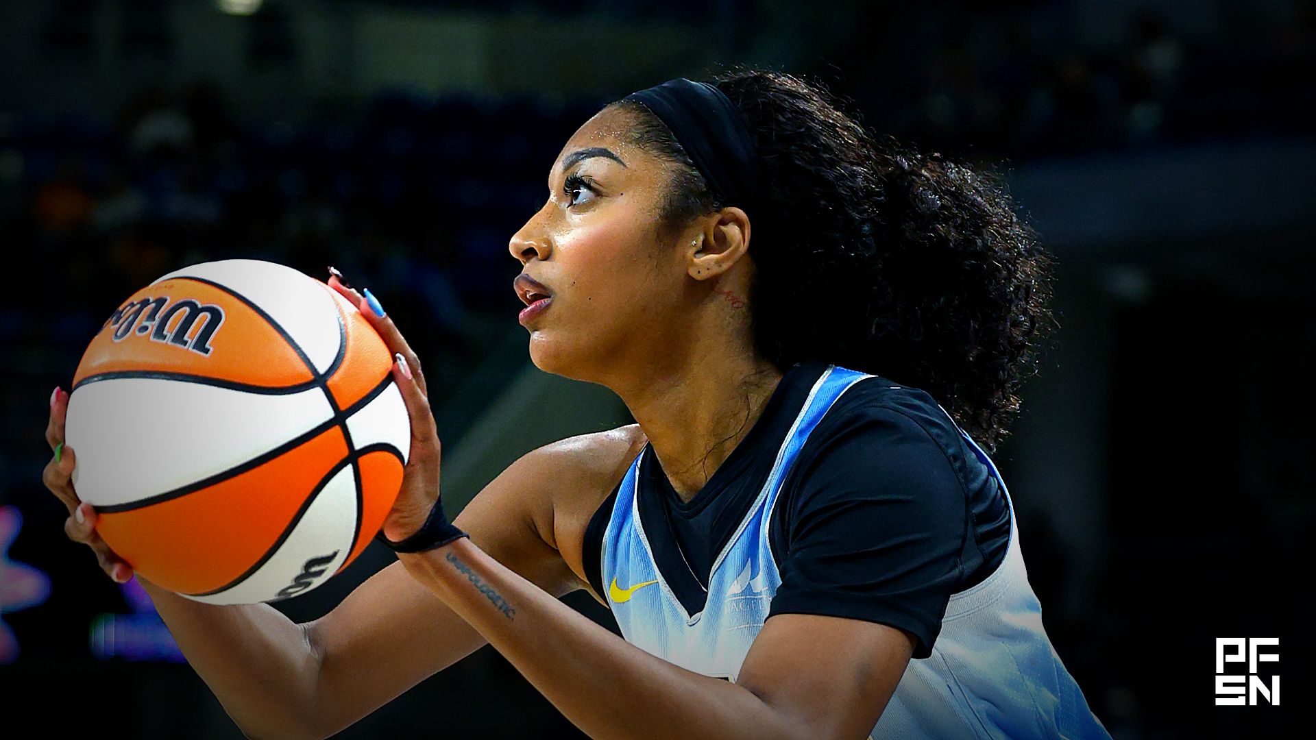 Chicago Sky forward Angel Reese (5) shoots against the Connecticut Sun during the second half at Wintrust Arena.