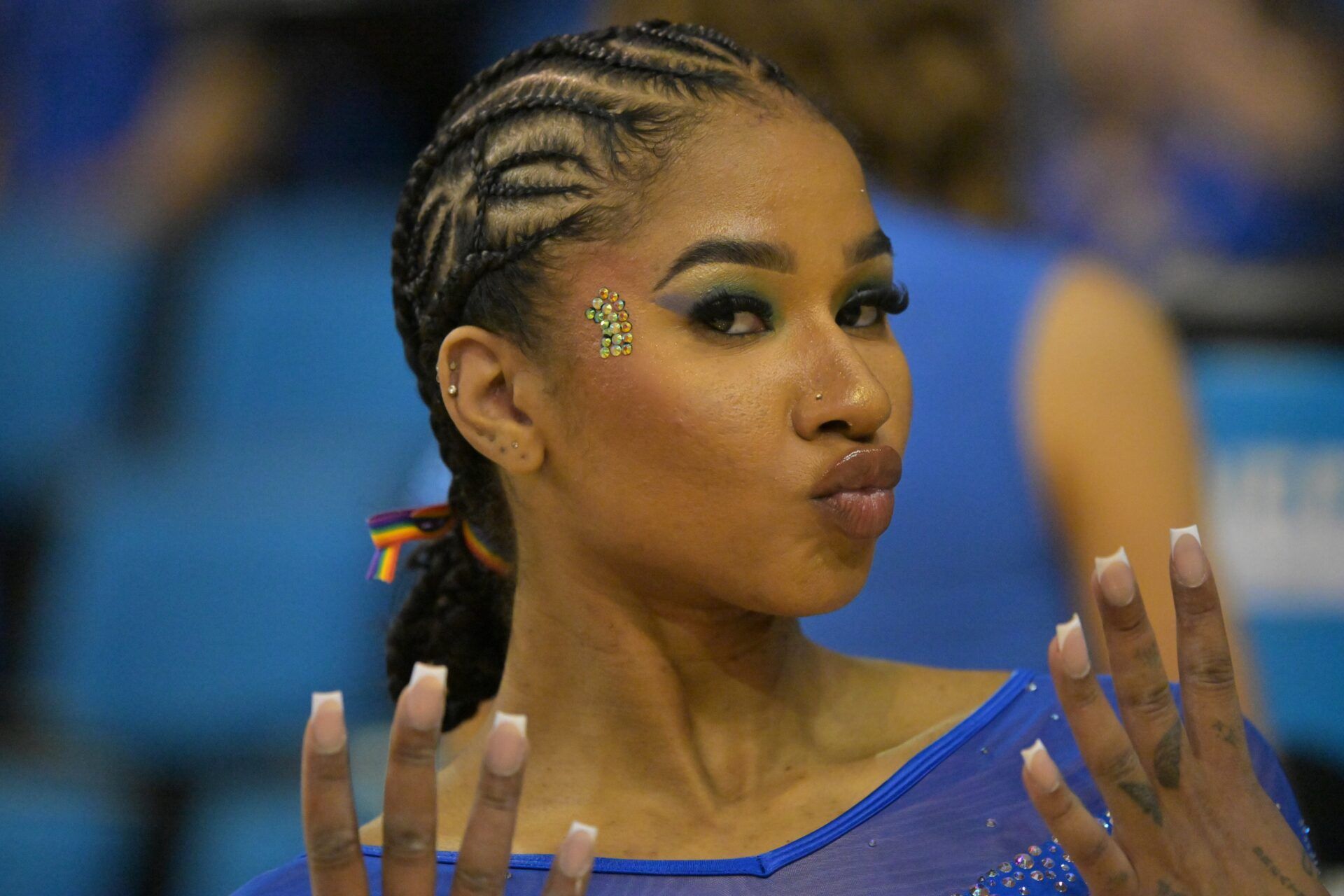 UCLA Bruins Jordan Chiles looks on during the gymnastics meet against the Washington Huskies at Pauley Pavilion.