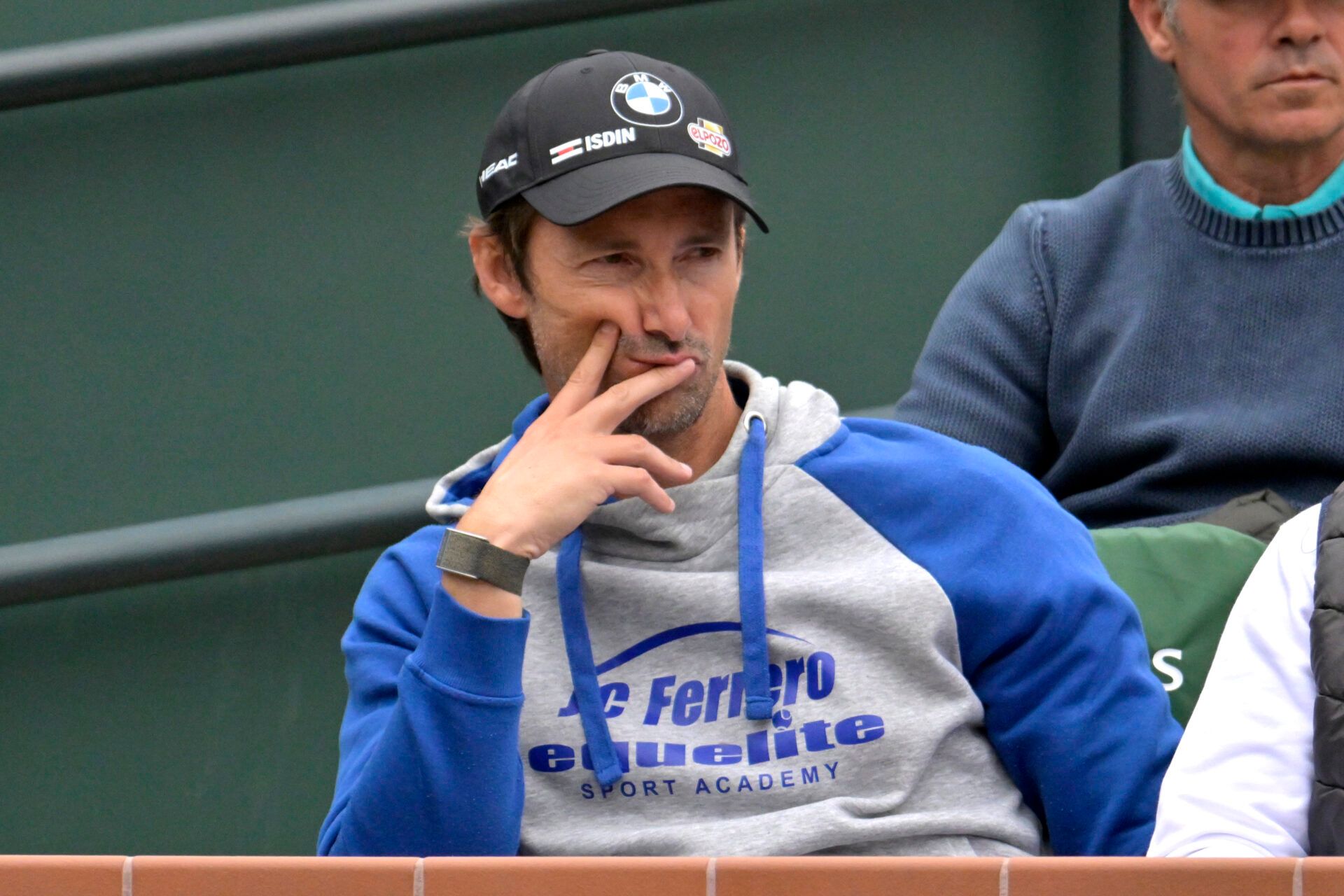 Juan Carlos Ferrero, coach of Carlos Alcaraz (ESP), looks on during the semi-final match against Jannik Sinner (ITA) in the BNP Paribas Open at the Indian Wells Tennis Garden.