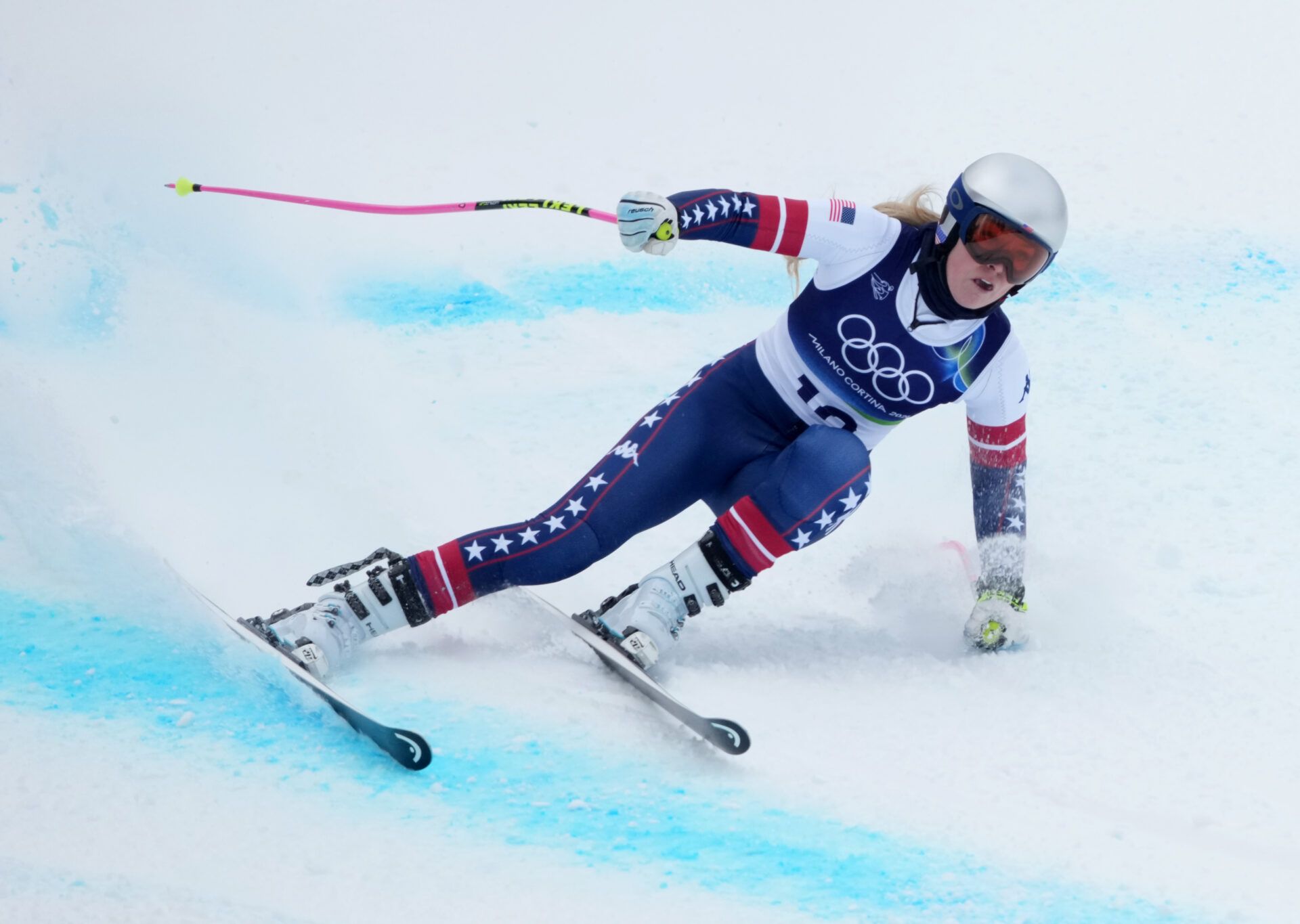 Lindsey Vonn of the United States in women's downhill training during the Milano Cortina 2026 Olympic Winter Games at Tofane Alpine Skiing Centre.