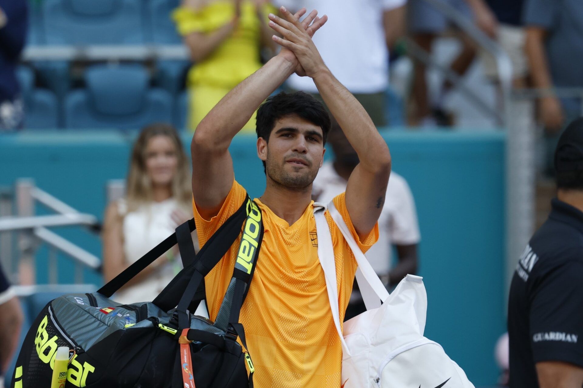 Carlos Alcaraz (ESP) acknowledges the fans while leaving the court after his match against Sebastian Korda (USA) (not pictured) on day six of the 2026 Miami Open at Hard Rock Stadium.