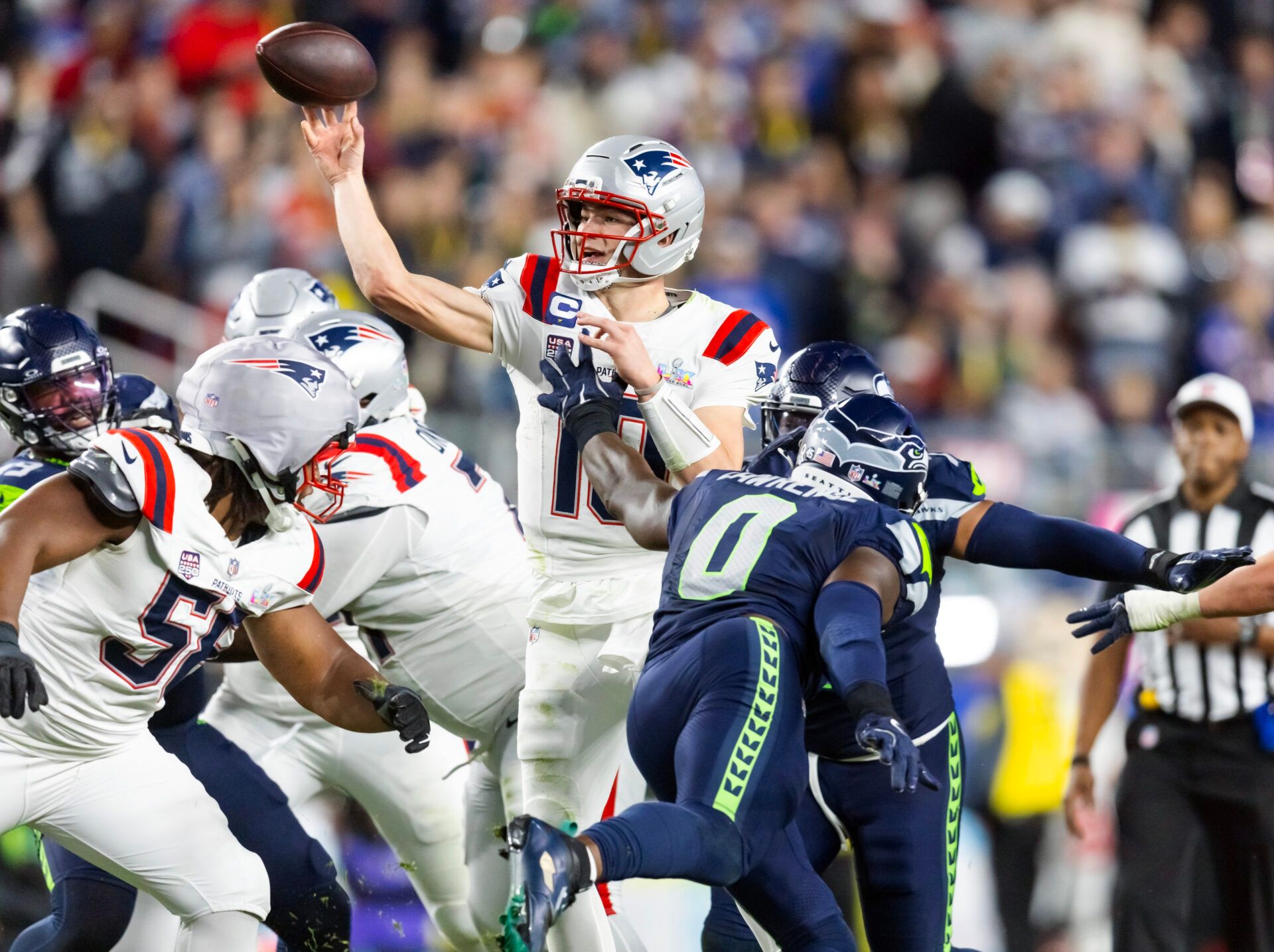 New England Patriots quarterback Drake Maye (10) against the Seattle Seahawks during Super Bowl LX at Levi's Stadium.