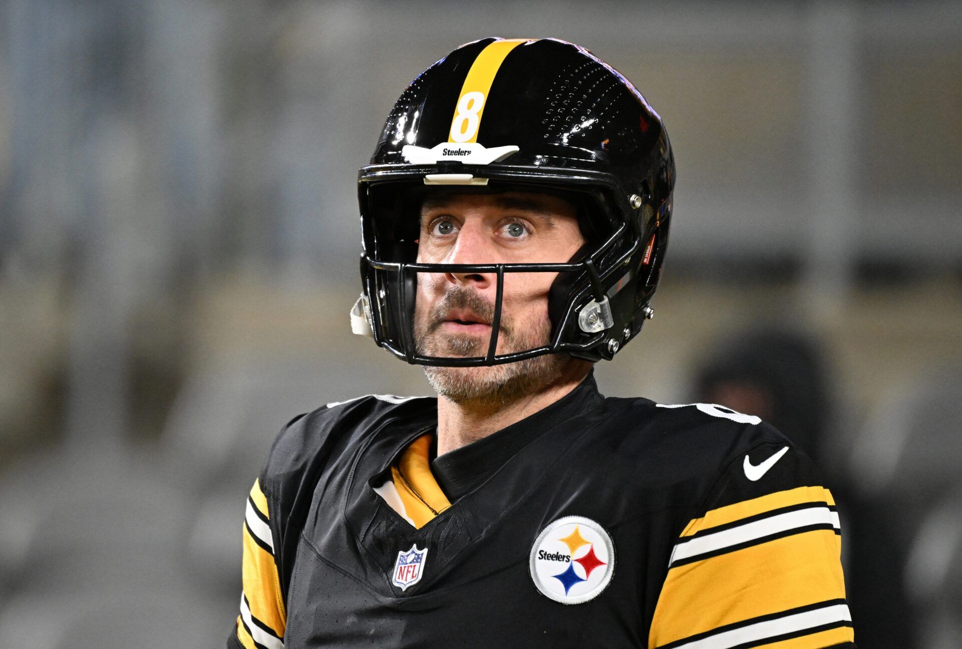 Pittsburgh Steelers quarterback Aaron Rodgers (8) warms up before an AFC Wild Card Round game against the Houston Texans at Acrisure Stadium.