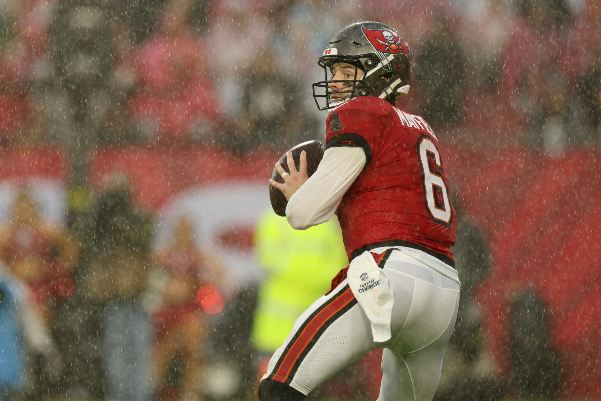 Tampa Bay Buccaneers quarterback Baker Mayfield (6) throws a pass against the Carolina Panthers in the first half at Raymond James Stadium.
