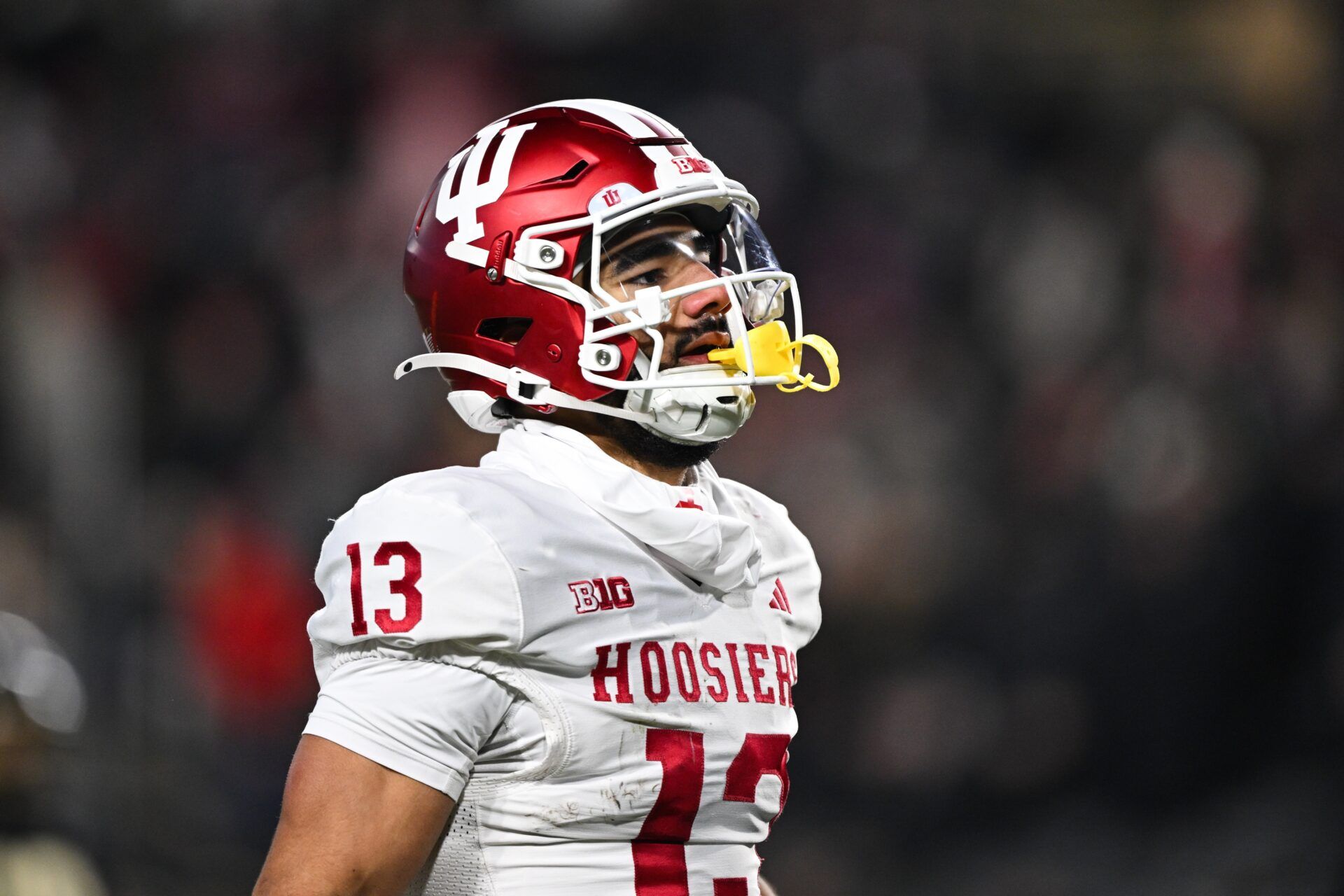 Indiana Hoosiers wide receiver Elijah Sarratt (13) celebrates after scoring a touchdown during the third quarter against the Purdue Boilermakers at Ross-Ade Stadium.