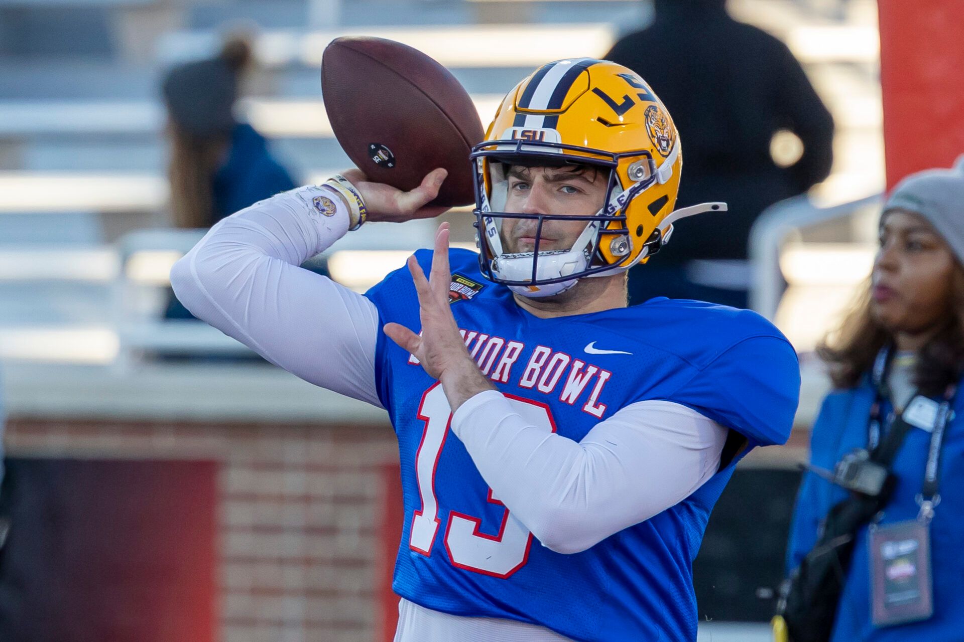 American Team quarterback Garrett Nussmeier (13) of LSU throws during American Senior Bowl practice at Hancock Whitney Stadium.