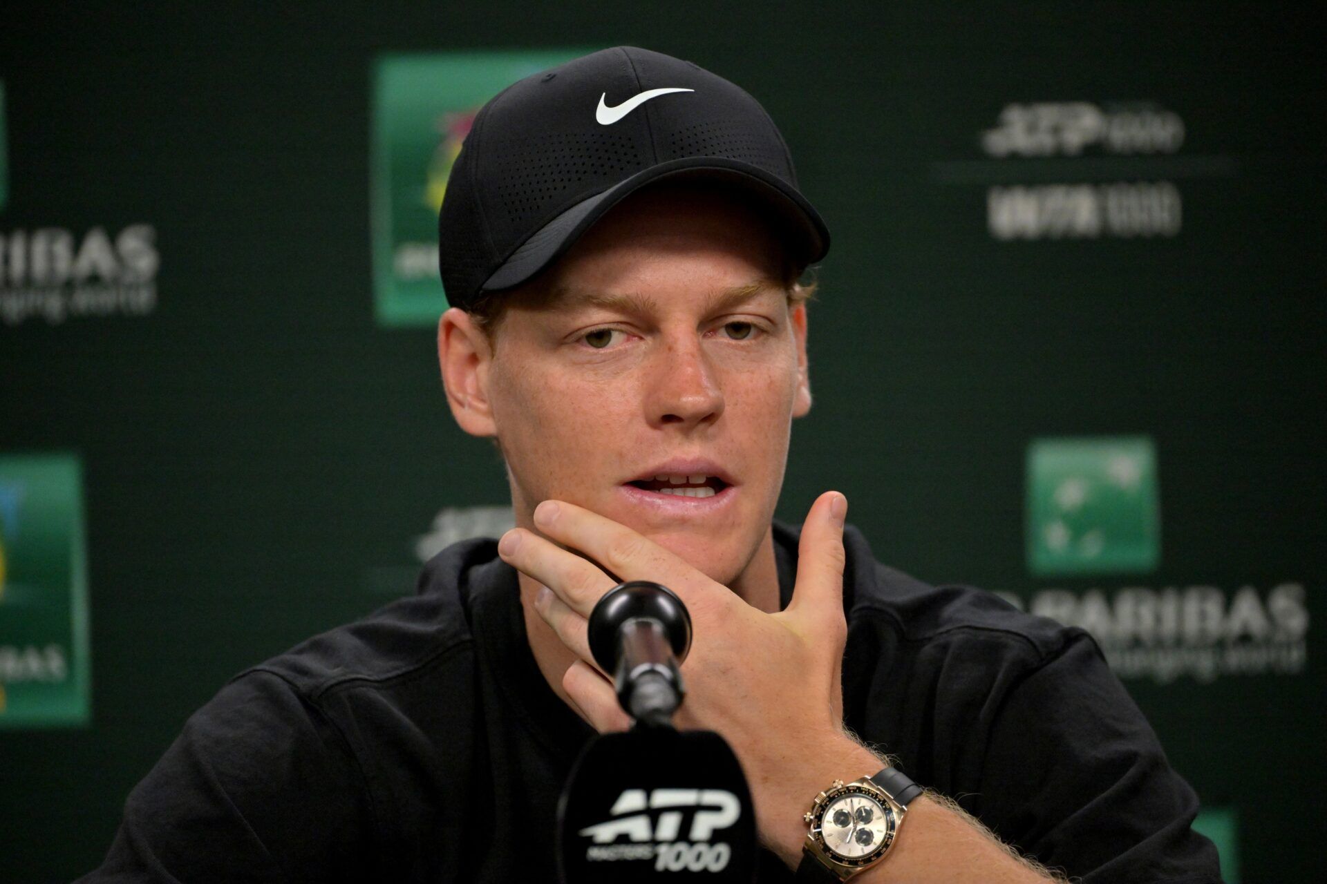 Jannik Sinner (ITA) speaks at a news conference during the BNP Paribas Open at the Indian Wells Tennis Garden.