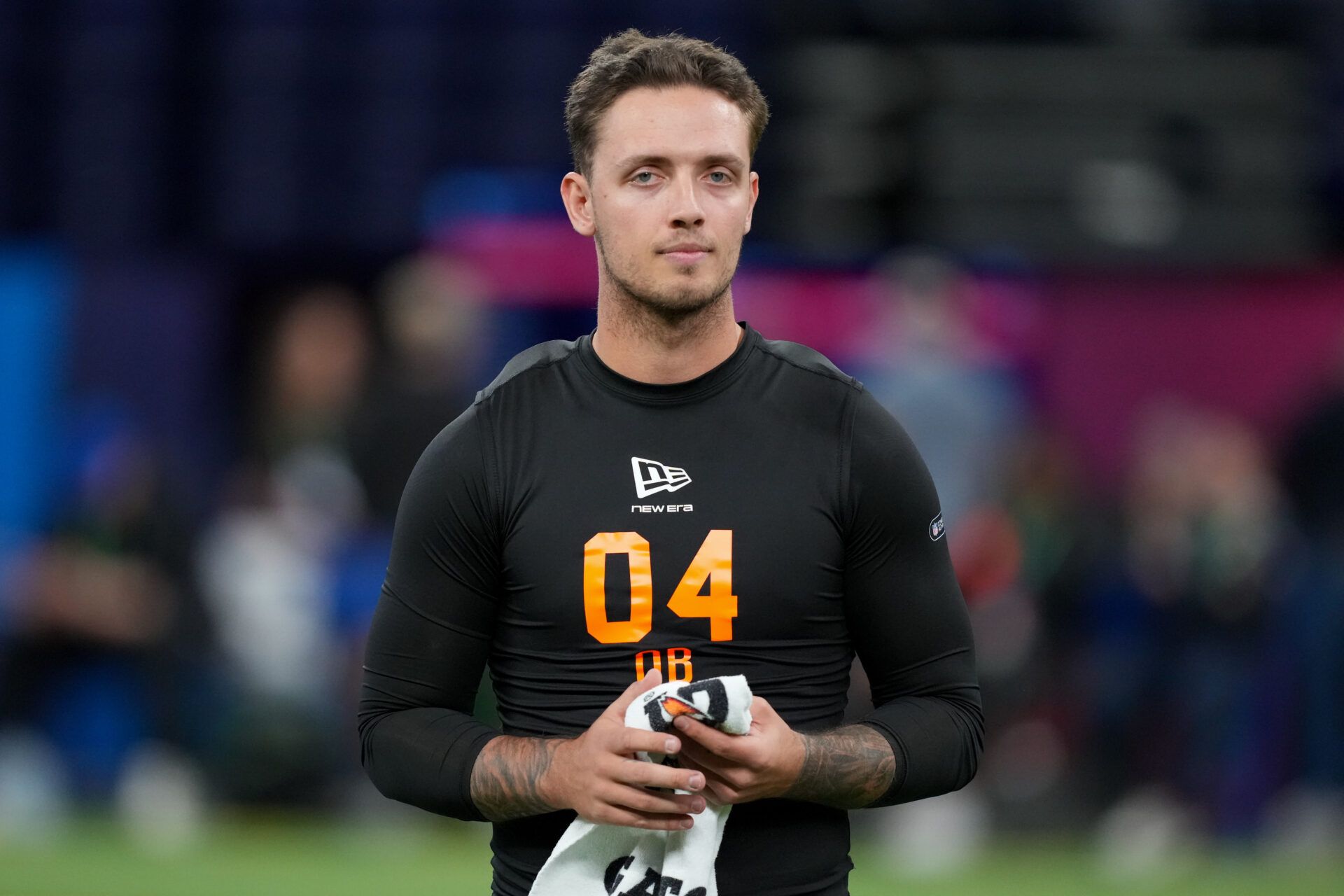 Miami quarterback Carson Beck (QB04) during the NFL Scouting Combine at Lucas Oil Stadium.