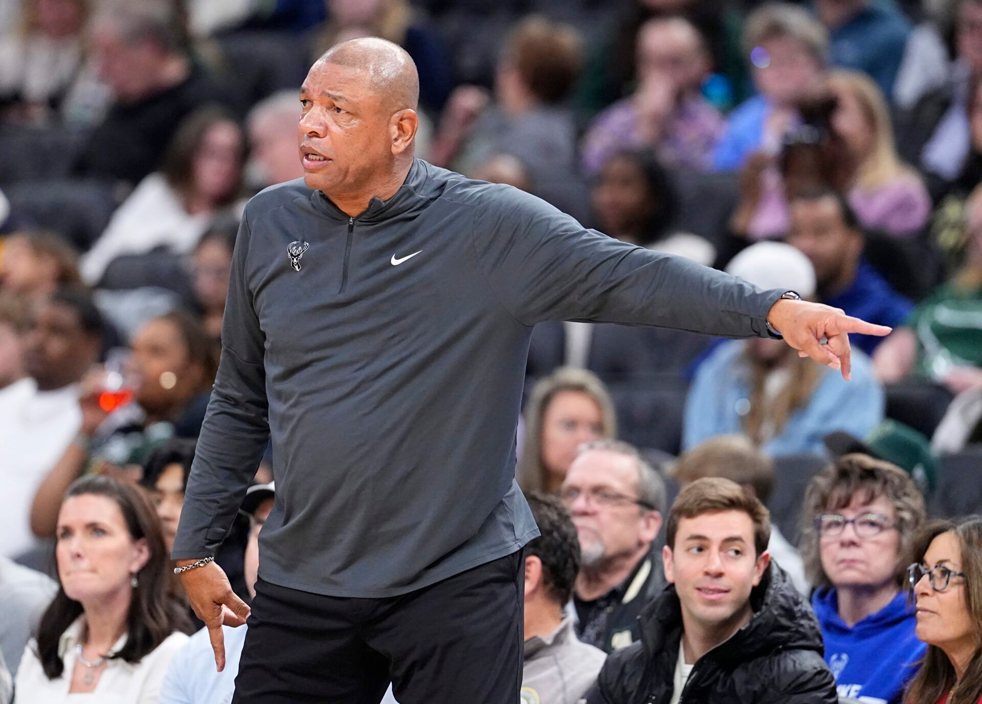 Milwaukee Bucks head coach Doc Rivers directs traffic his team against the Memphis Grizzlies in the first half at Fiserv Forum.