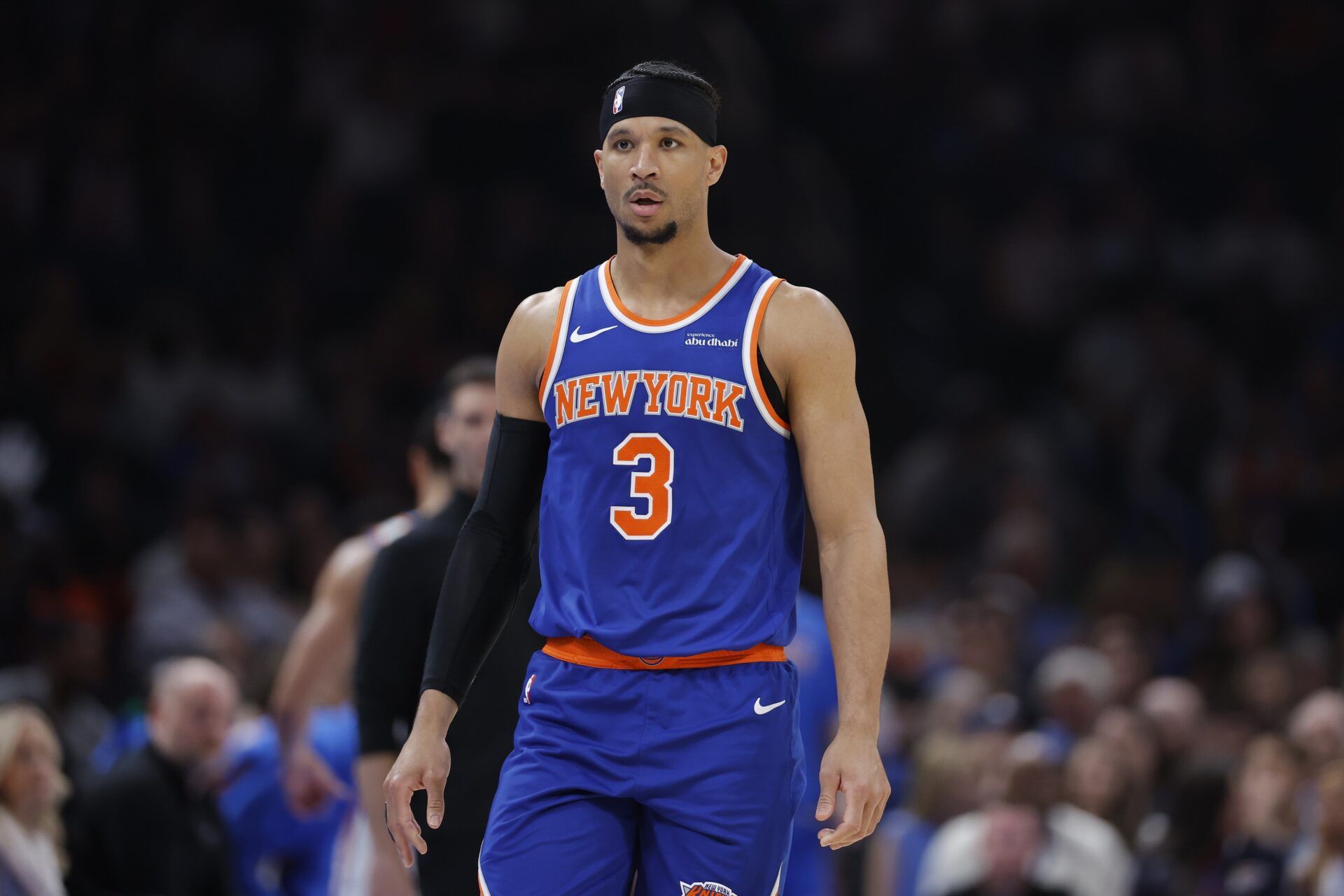 New York Knicks guard Josh Hart (3) walks down the court during the first half against the Oklahoma City Thunder at Paycom Center.