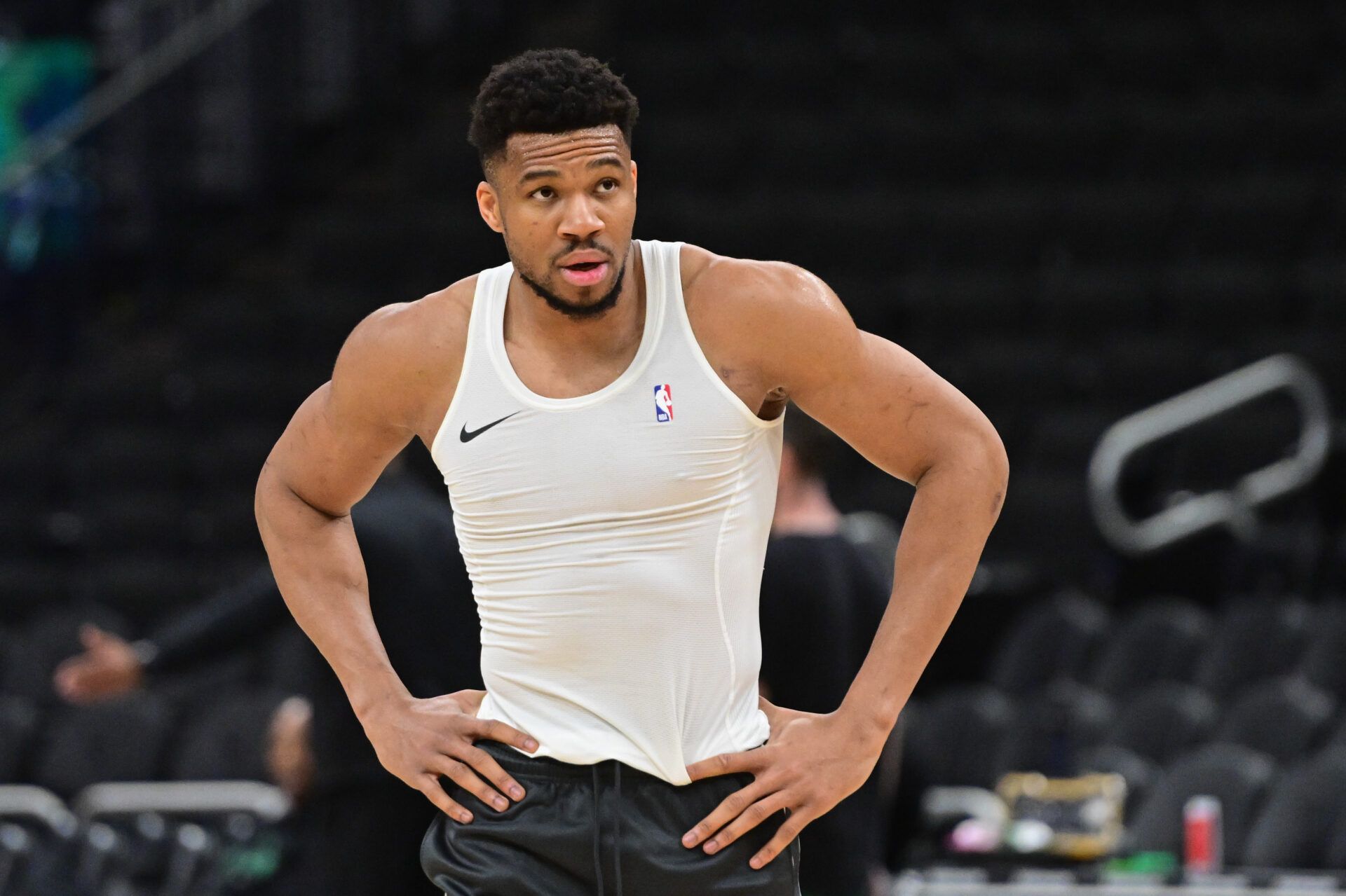 Milwaukee Bucks forward Giannis Antetokounmpo (34) warms up before the game against the Boston Celtics at Fiserv Forum.