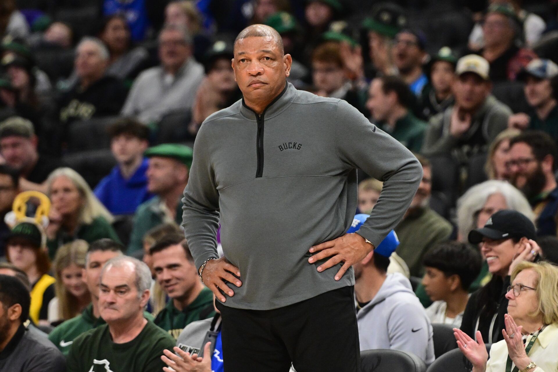 Milwaukee Bucks head coach Doc Rivers looks on in the second quarter against the Dallas Mavericks at Fiserv Forum.