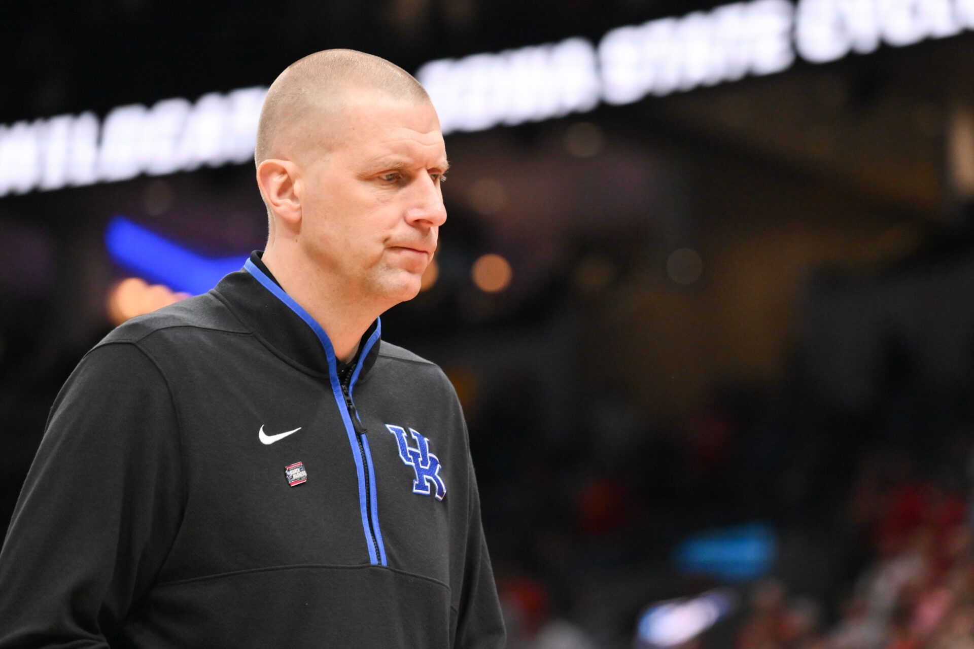 Kentucky Wildcats head coach Mark Pope looks on after the game against the Iowa State Cyclones during a second round game of the men's 2026 NCAA Tournament at Enterprise Center.