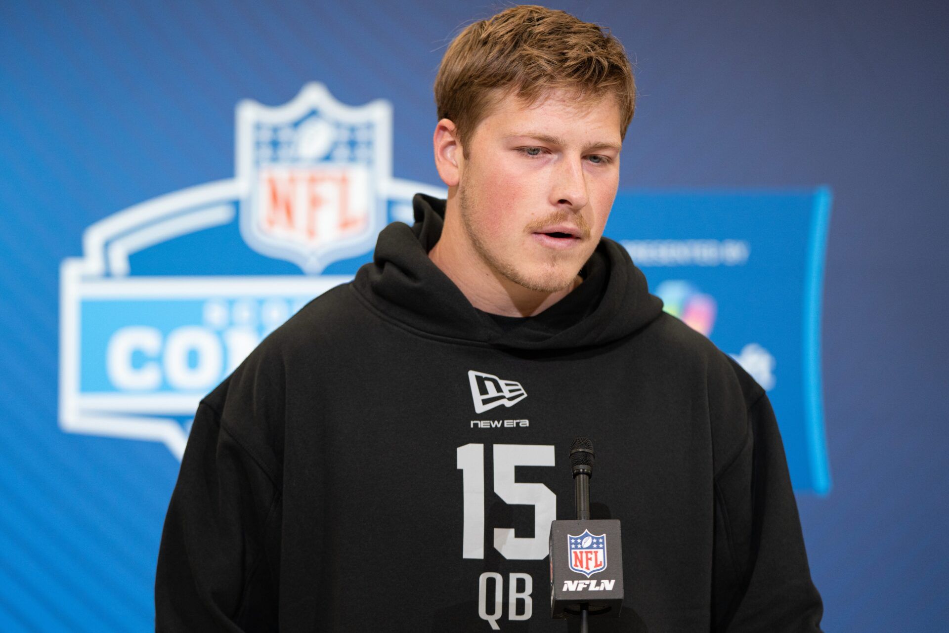 North Dakota State quarterback Cole Payton (QB15) speaks to members of the media during the NFL Combine at the Indiana Convention Center.