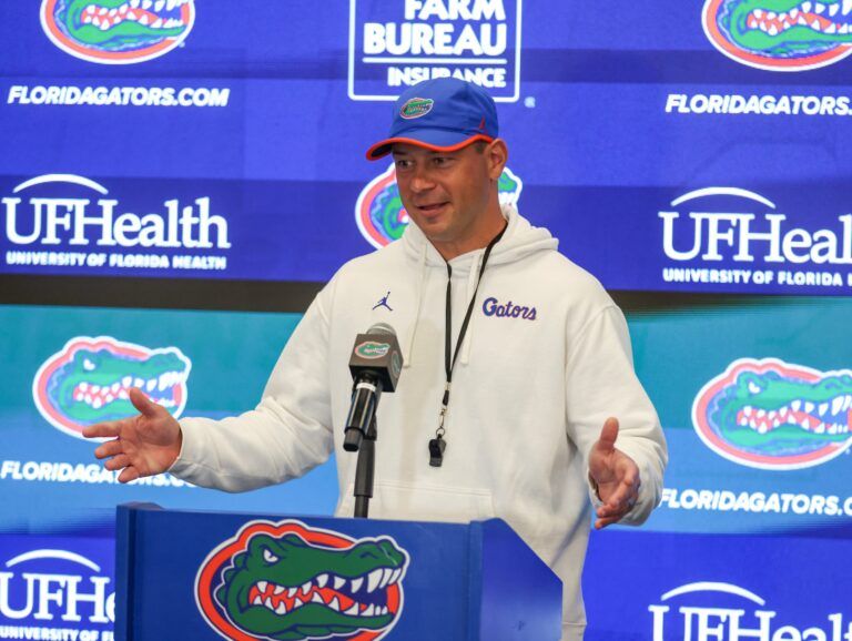 Florida head coach Jon Sumrall speaks after spring practice at Sanders Practice Fields in Gainesville, FL on Tuesday, April 7, 2026. [Alan Youngblood/Gainesville Sun]