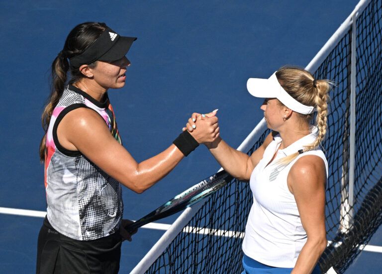 Jessica Pegula (USA) shakes hands with Yulia Putintseva (KAZ) after winning their quarter-final match at Sobeys Stadium.