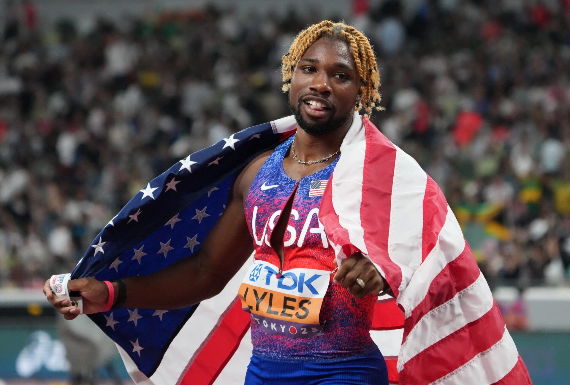 Noah Lyles (USA) celebrates after winning the bronze medal in the men’s 100 meter final during the World Athletic Championships at National Stadium.