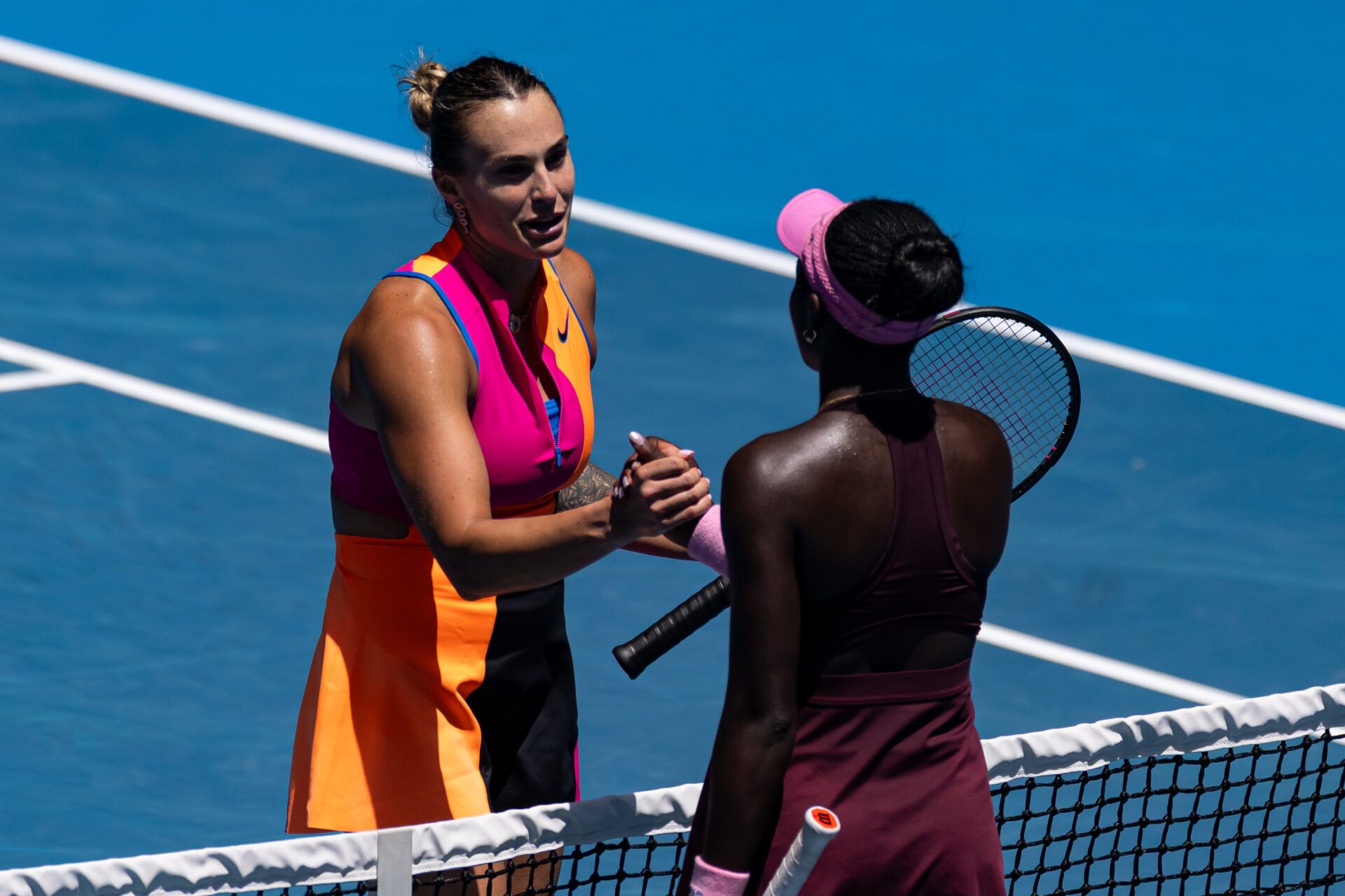 Aryna Sabalenka celebrates her victory over Victoria Mboko of Canada in the fourth round of the women’s singles at the Australian Open at Rod Laver Arena in Melbourne Park.