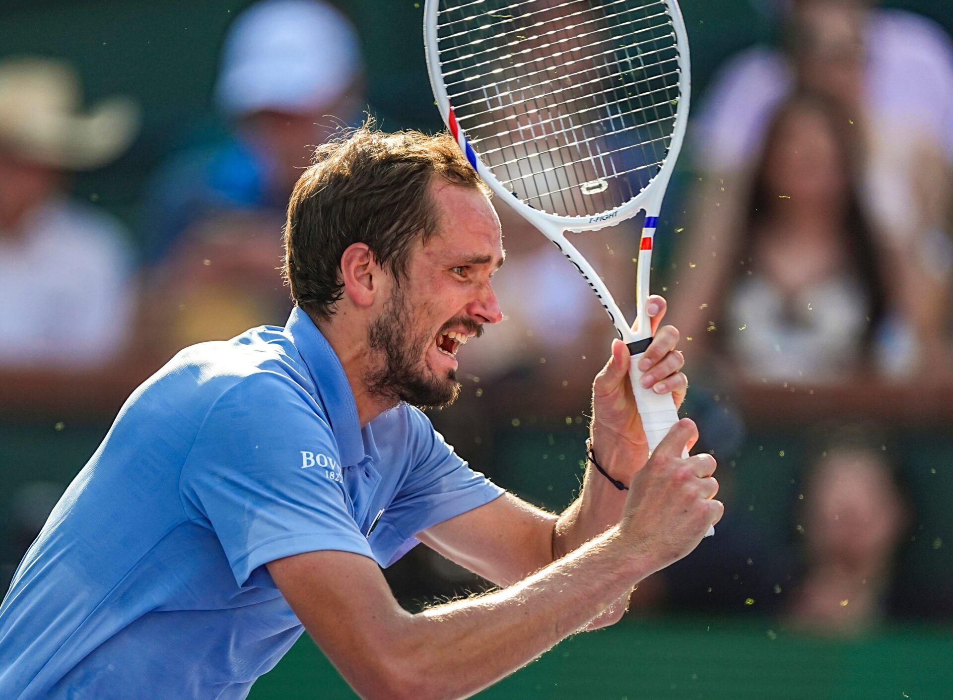 Daniil Medvedev hits to Jannik Sinner in the menÕs singles championship final at the BNP Paribas Open in Indian Wells, Calif., Sunday, March 15, 2026.