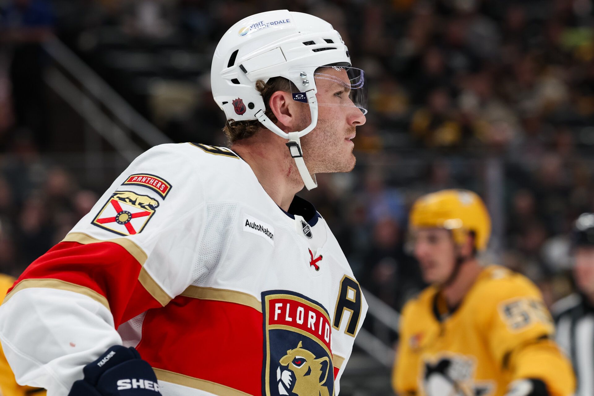 Florida Panthers left wing Matthew Tkachuk (19) looks on against the Pittsburgh Penguins during the second period at PPG Paints Arena.