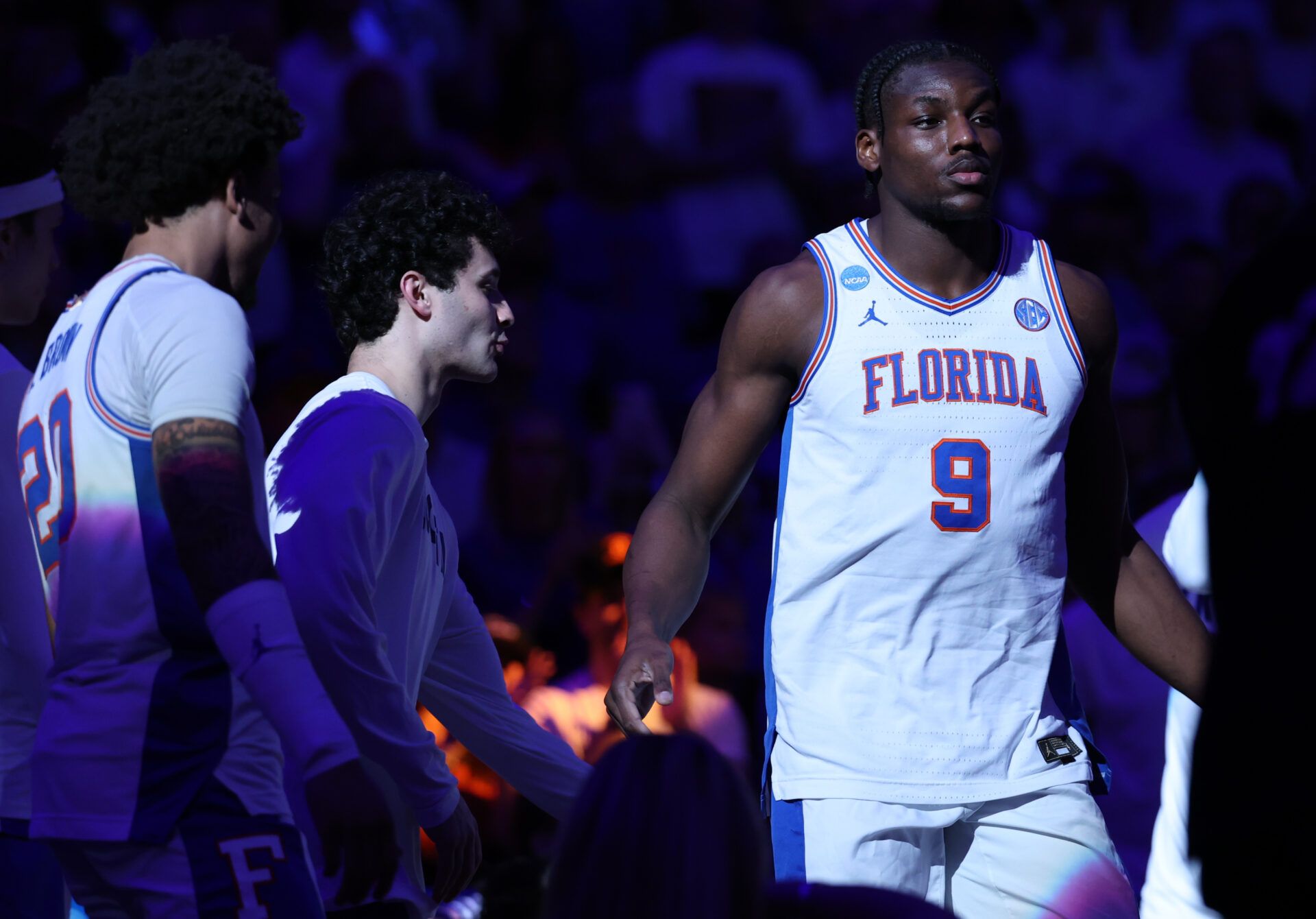 Florida Gators center Rueben Chinyelu (9) is introduced against the Iowa Hawkeyes prior to a second round game of the men's 2026 NCAA Tournament at Benchmark International Arena.