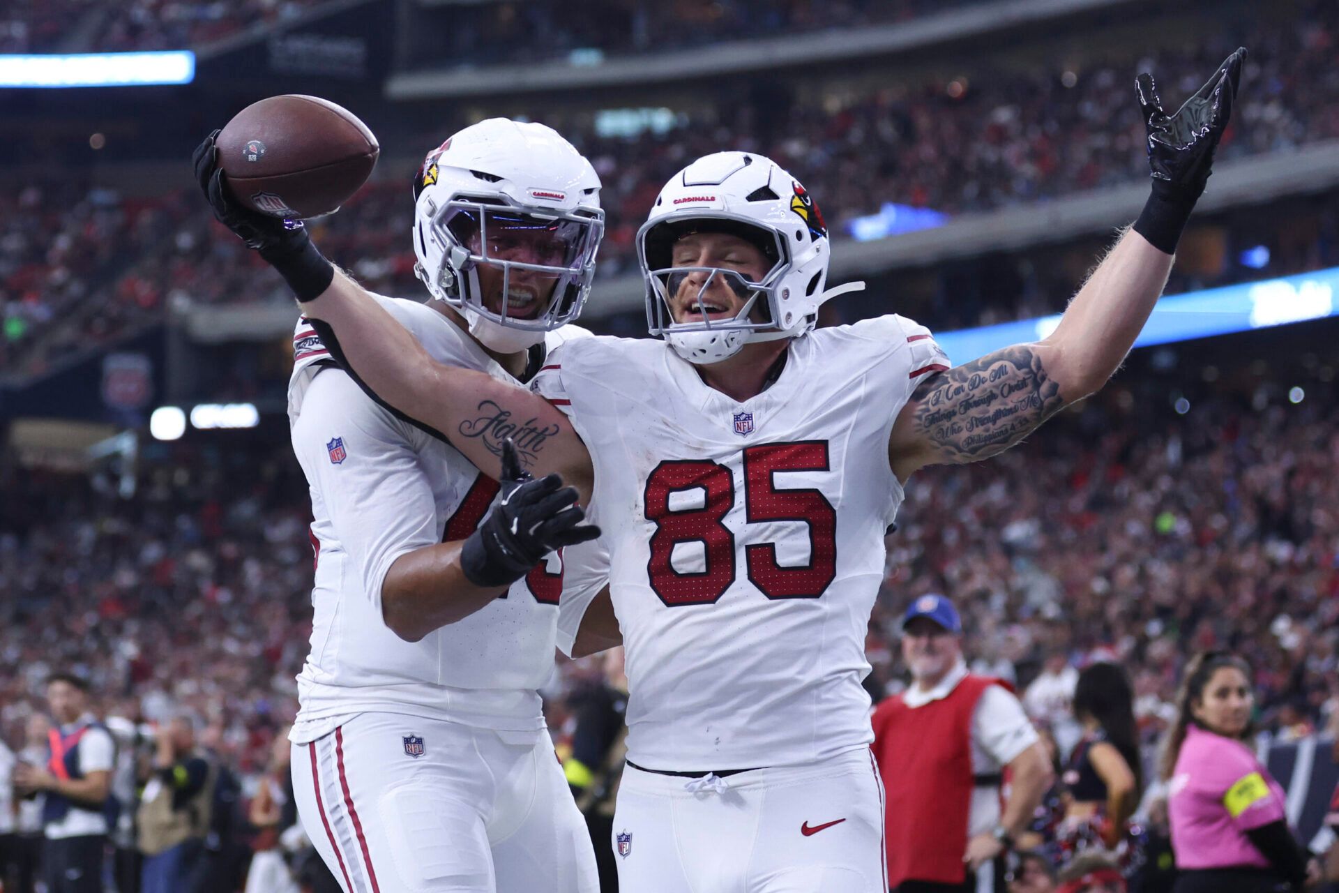 Arizona Cardinals tight end Trey McBride (85) scores a touchdown during the first half against the Houston Texans  at NRG Stadium.