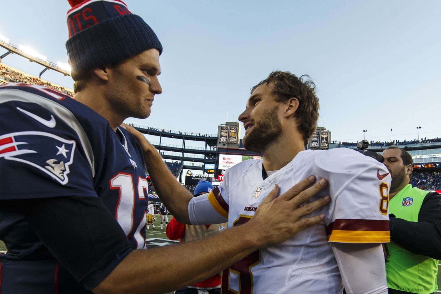 New England Patriots quarterback Tom Brady (12) greets Washington Redskins quarterback Kirk Cousins (8) after the game at Gillette Stadium. The Patriots defeated the Redskins 27-10.