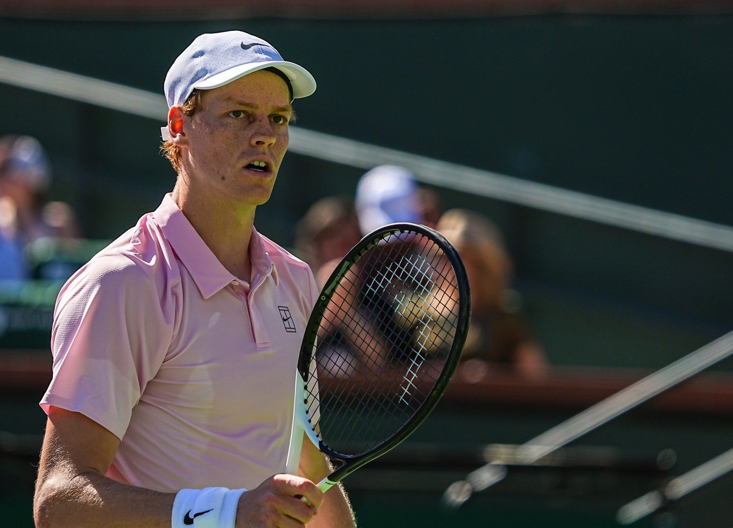Jannik Sinner celebrates reaching match point against Alexander Zverez during their semifinal match at the BNP Paribas Open in Indian Wells, Calif., Saturday, March 14, 2026.