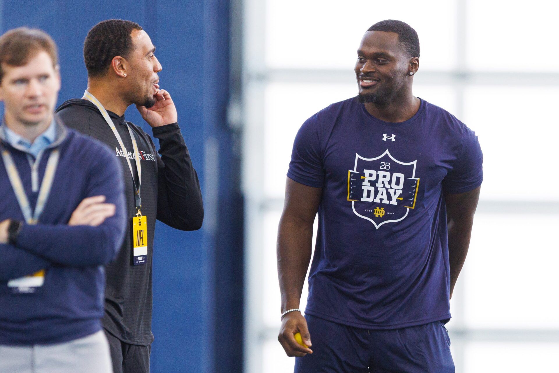 Running back Jeremiyah Love, right, during Notre Dame football's Pro Day at Irish Athletic Center on Tuesday, March 24, 2026, in South Bend.