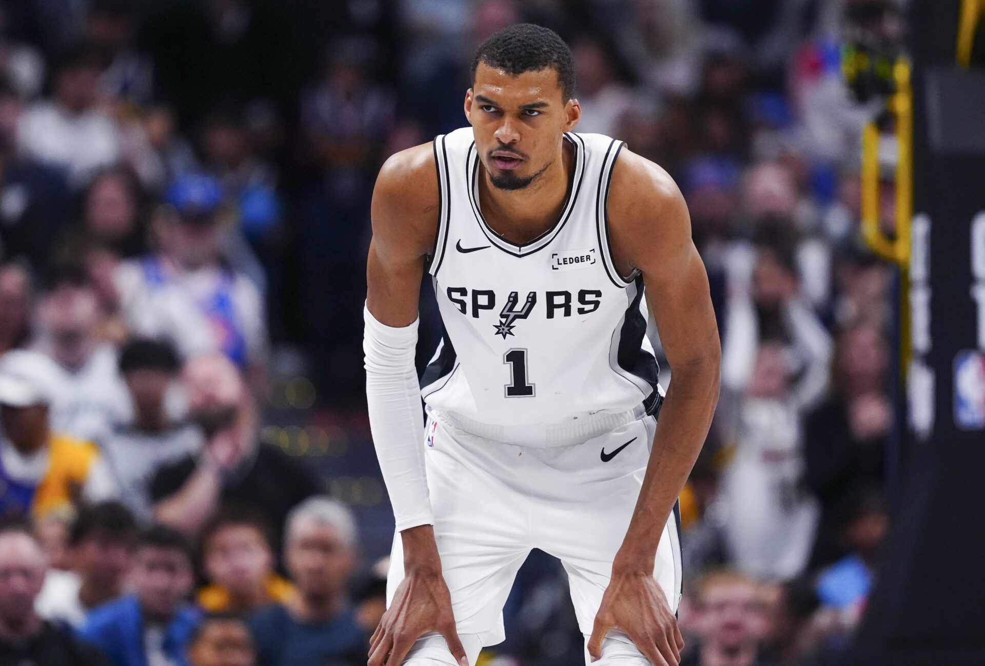 San Antonio Spurs forward Victor Wembanyama (1) during the second half against the Denver Nuggets at Ball Arena.