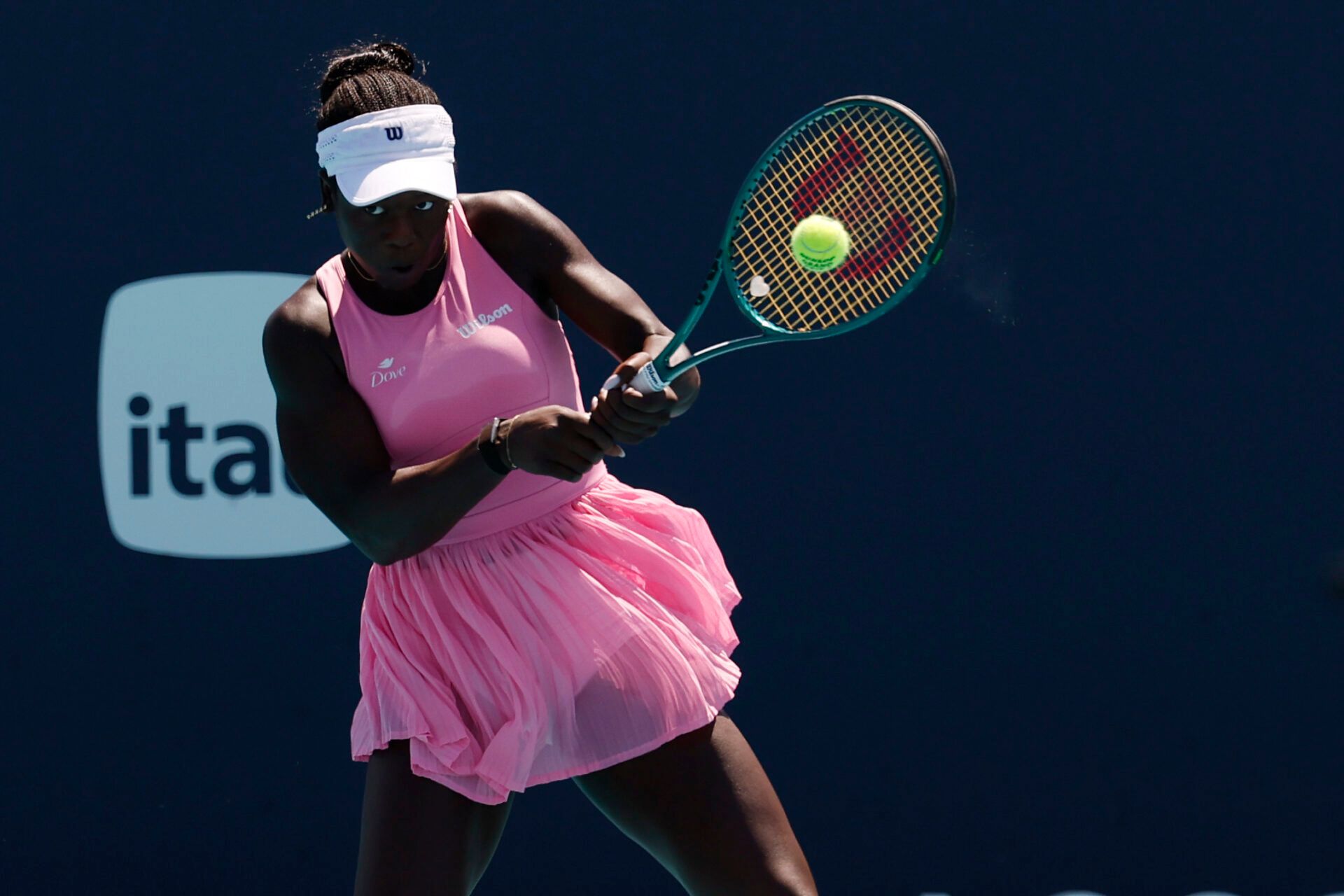 Victoria Mboko (CAN) hits a backhand against Mirra Andreeva (not pictured) on day 7 of the 2026 Miami Open at Hard Rock Stadium.