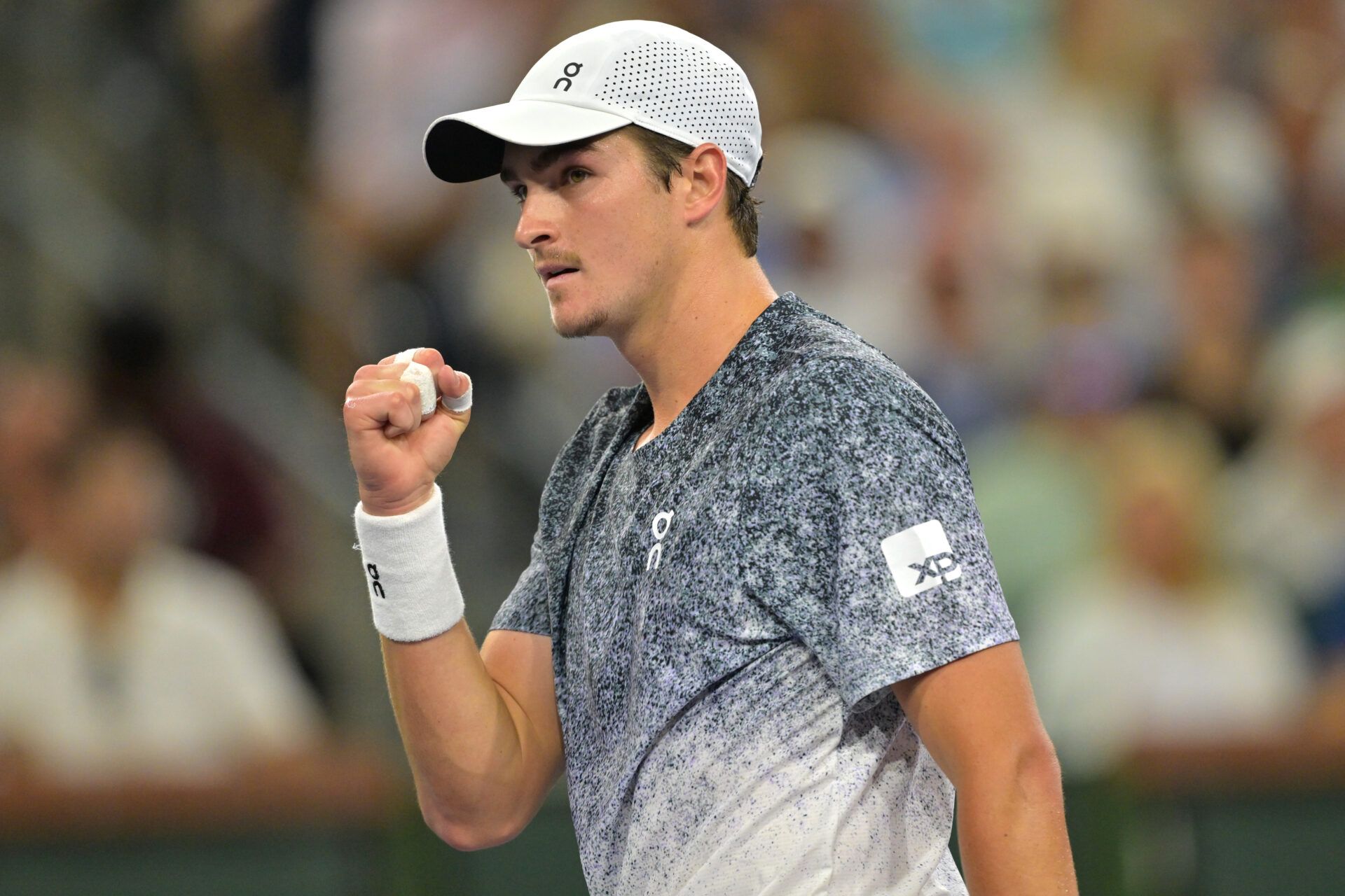 Joao Fonseca (BRA) reacts after a point during his the fourth round against Jannik Sinner (ITA) in the BNP Paribas Open at the Indian Wells Tennis Garden.