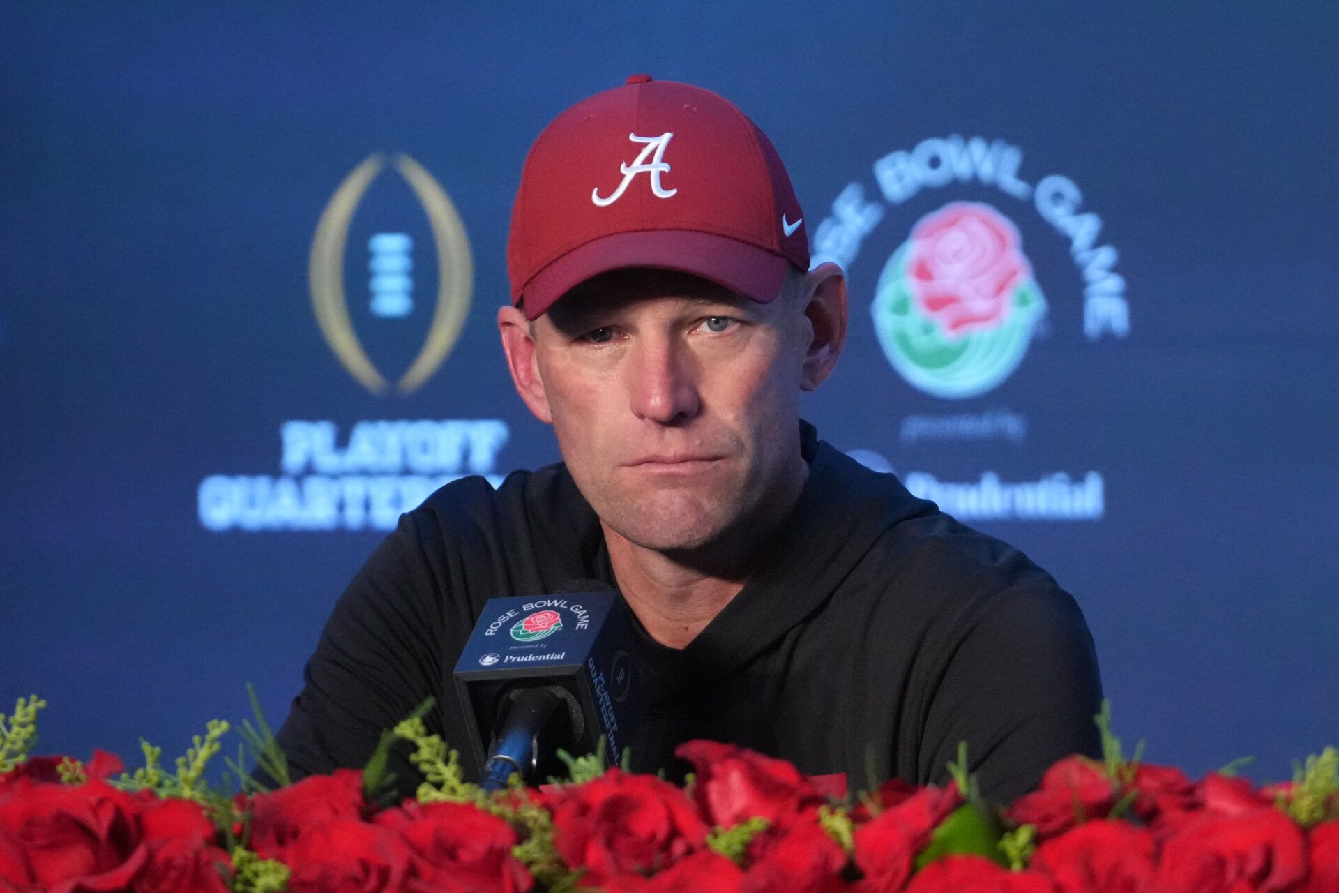 Alabama Crimson Tide head coach Kalen DeBoer speaks in a press conference after the 2026 Rose Bowl and quarterfinal game of the College Football Playoff at Rose Bowl Stadium.
