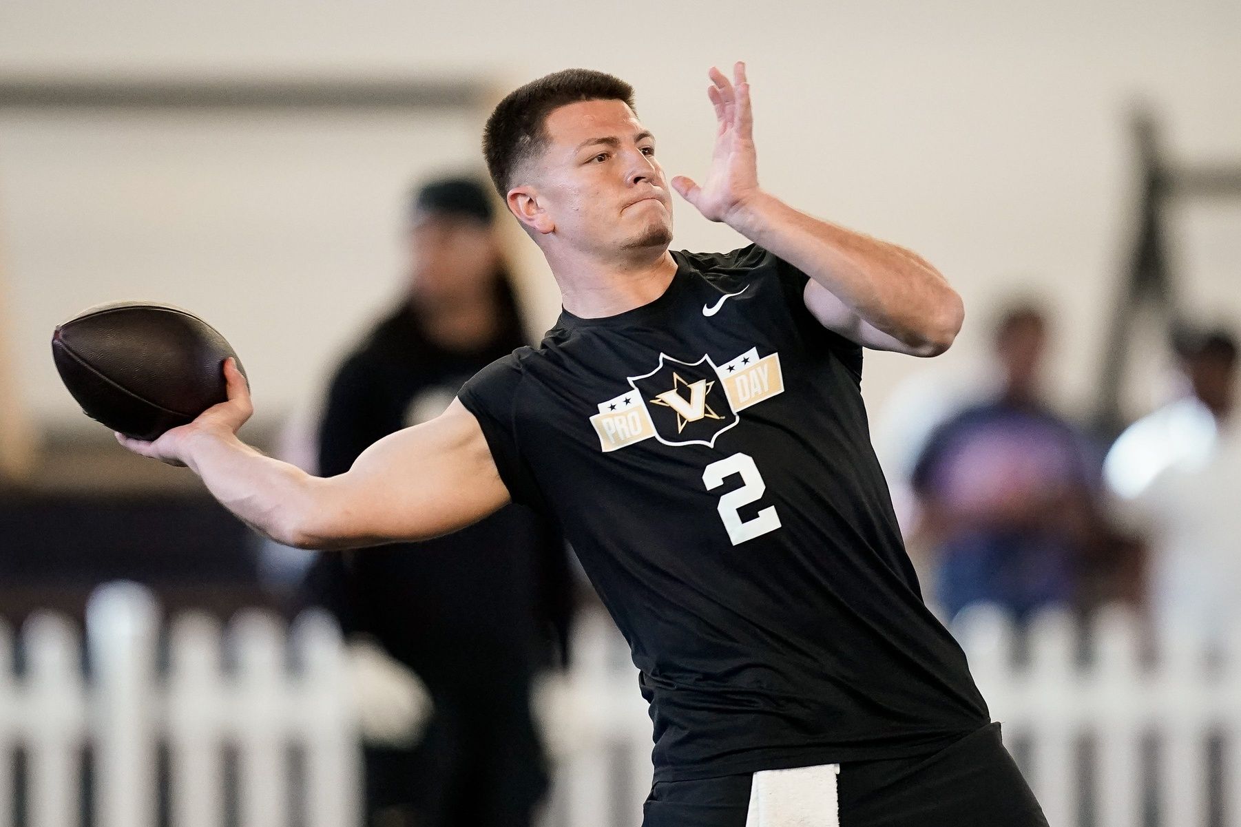 Vanderbilt quarterback Diego Pavia throws the ball during football pro day at Vanderbilt University in Nashville, Tenn., Friday, March 20, 2026.