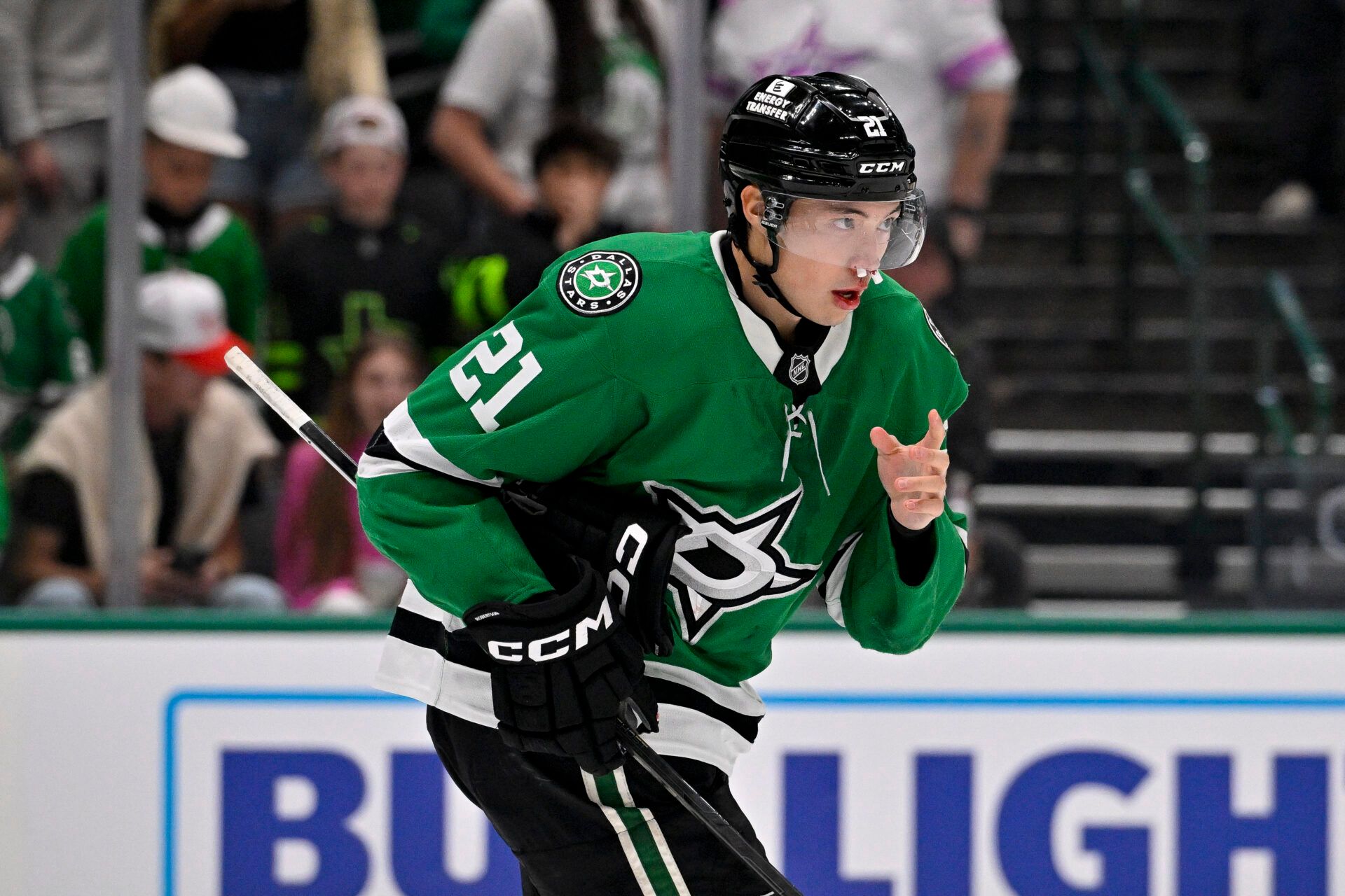 Dallas Stars left wing Jason Robertson (21) skates with plugs in his nose after he is hit with the high stick o Calgary Flames center Ryan Strome (not pictured) during the overtime period at the American Airlines Center.