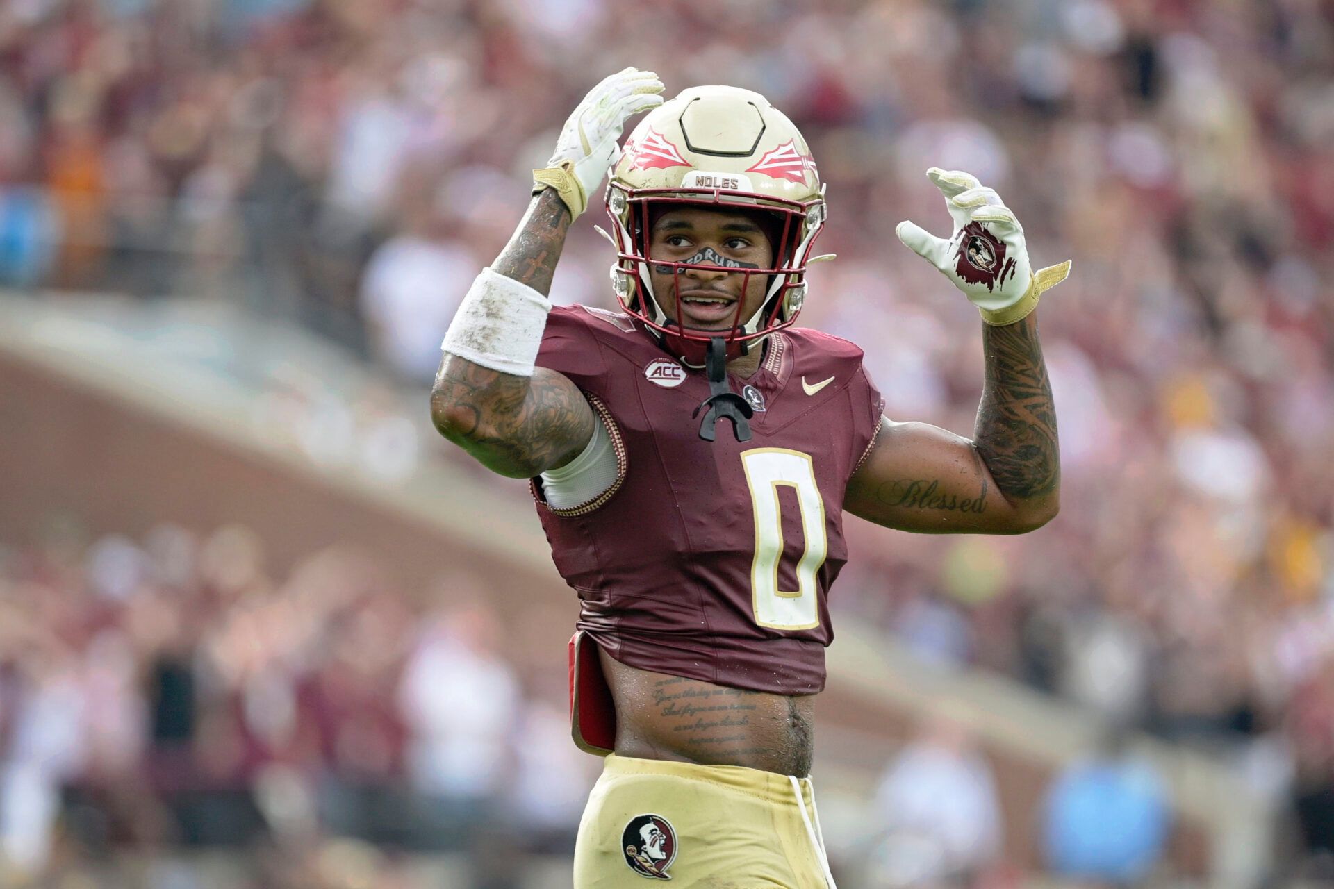 Florida State Seminoles defensive back Earl Little Jr. (0) reacts after a play against the Alabama Crimson Tide during the second half at Doak S. Campbell Stadium.