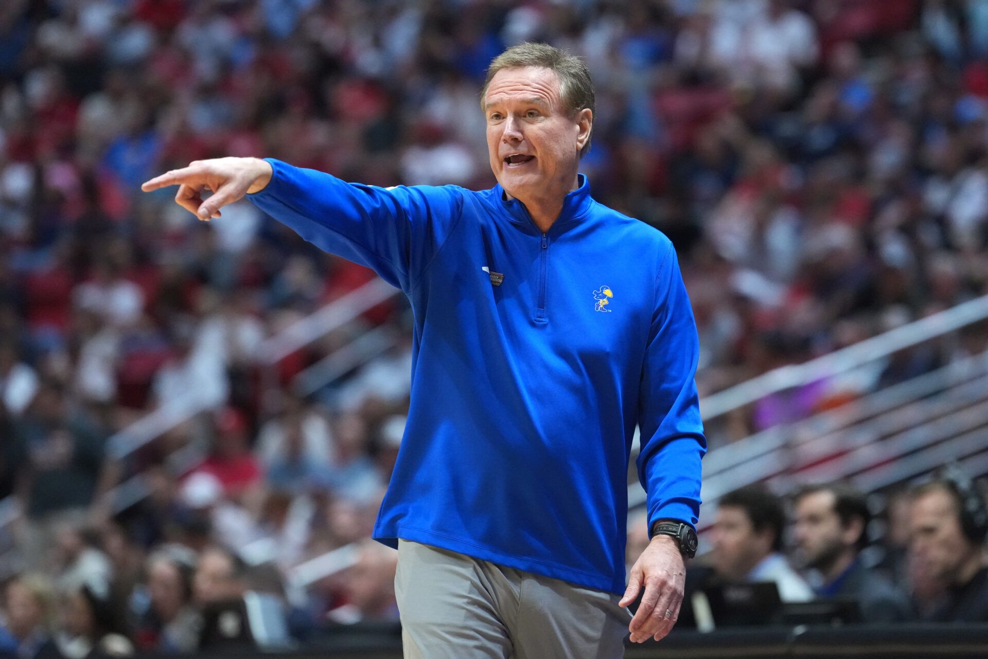 Kansas Jayhawks head coach Bill Self reacts in the first half against the St. John's Red Storm during a second round game of the men's 2026 NCAA Tournament at Viejas Arena.