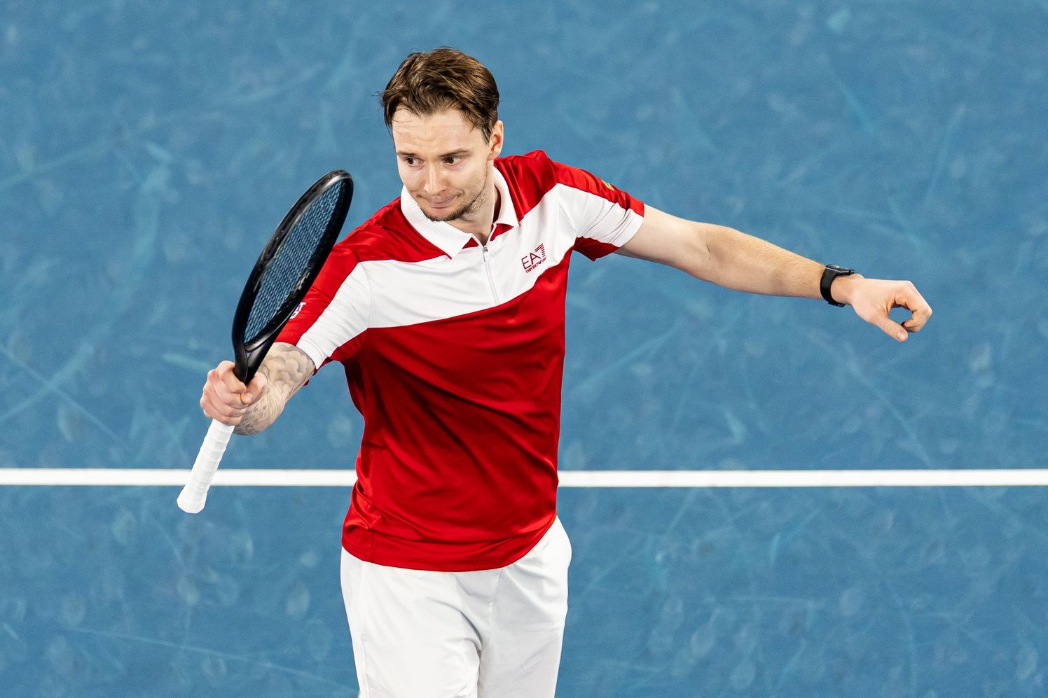 Alexander Bublik of Kazakhstan in action against Jenson Brooksby of United States in the first round of the men’s singles at the Australian Open at Margaret Court Arena in Melbourne Park.