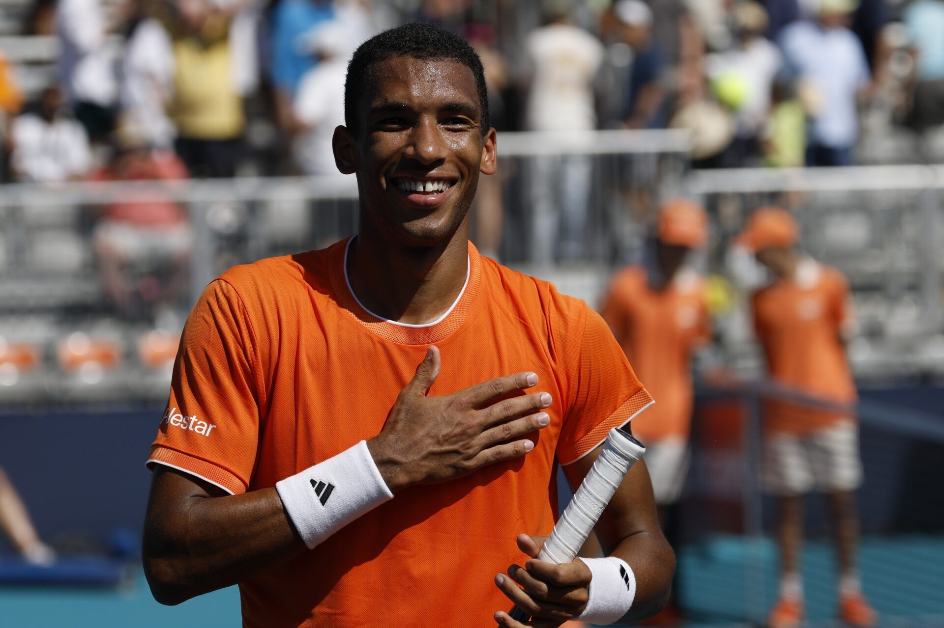 Felix Auger-Aliassime (CAN) gestures to fans after his match against Marton Fucsovics (HUN) (not pictured) on day five of the 2026 Miami Open at Hard Rock Stadium.
