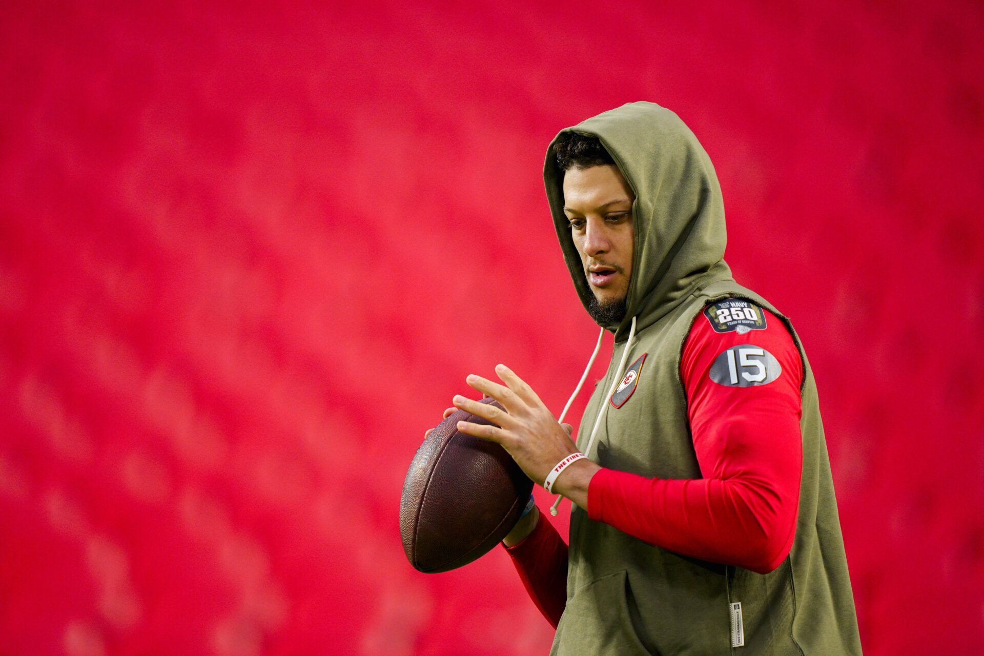 Kansas City Chiefs quarterback Patrick Mahomes (15) warms up prior to a game against the Washington Commanders at GEHA Field at Arrowhead Stadium.