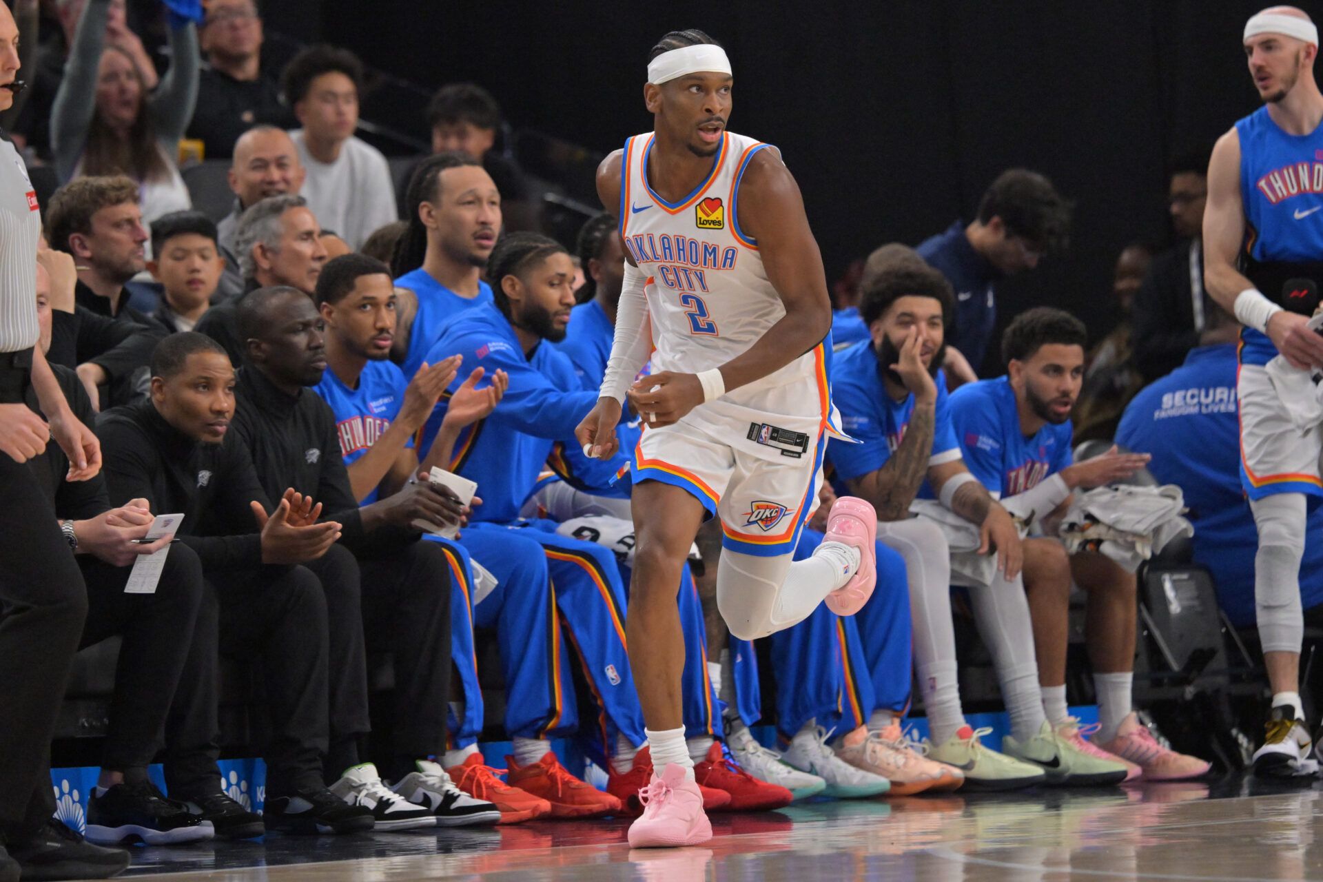 Oklahoma City Thunder guard Shai Gilgeous-Alexander (2) heads down the sideline after a three-point basket in the first half against the Los Angeles Clippers in the first half at Intuit Dome.