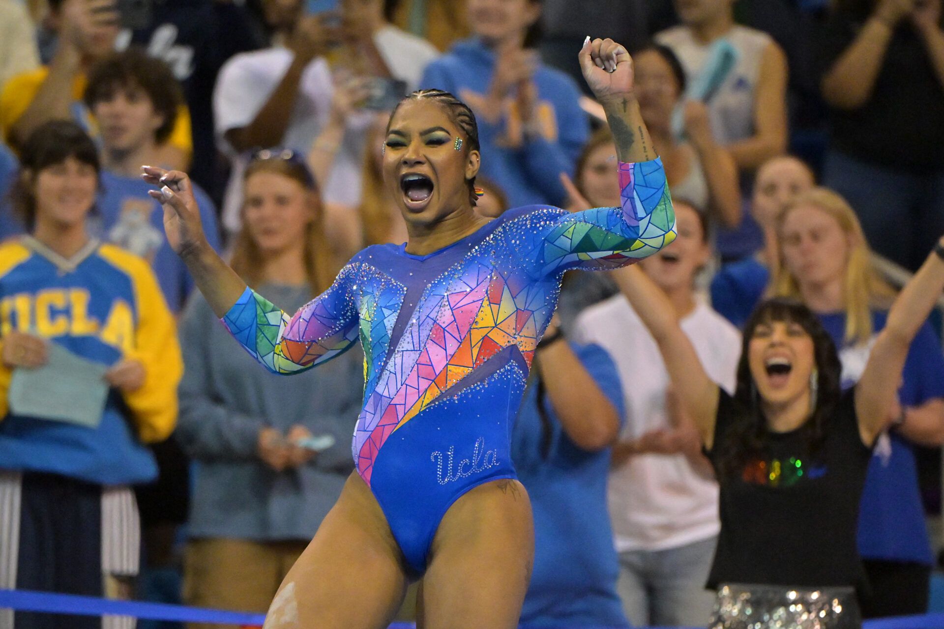 UCLA Bruins Jordan Chiles during the floor exercise where she scored a perfect 10 during the gymnastics meet against the Washington Huskies at Pauley Pavilion.