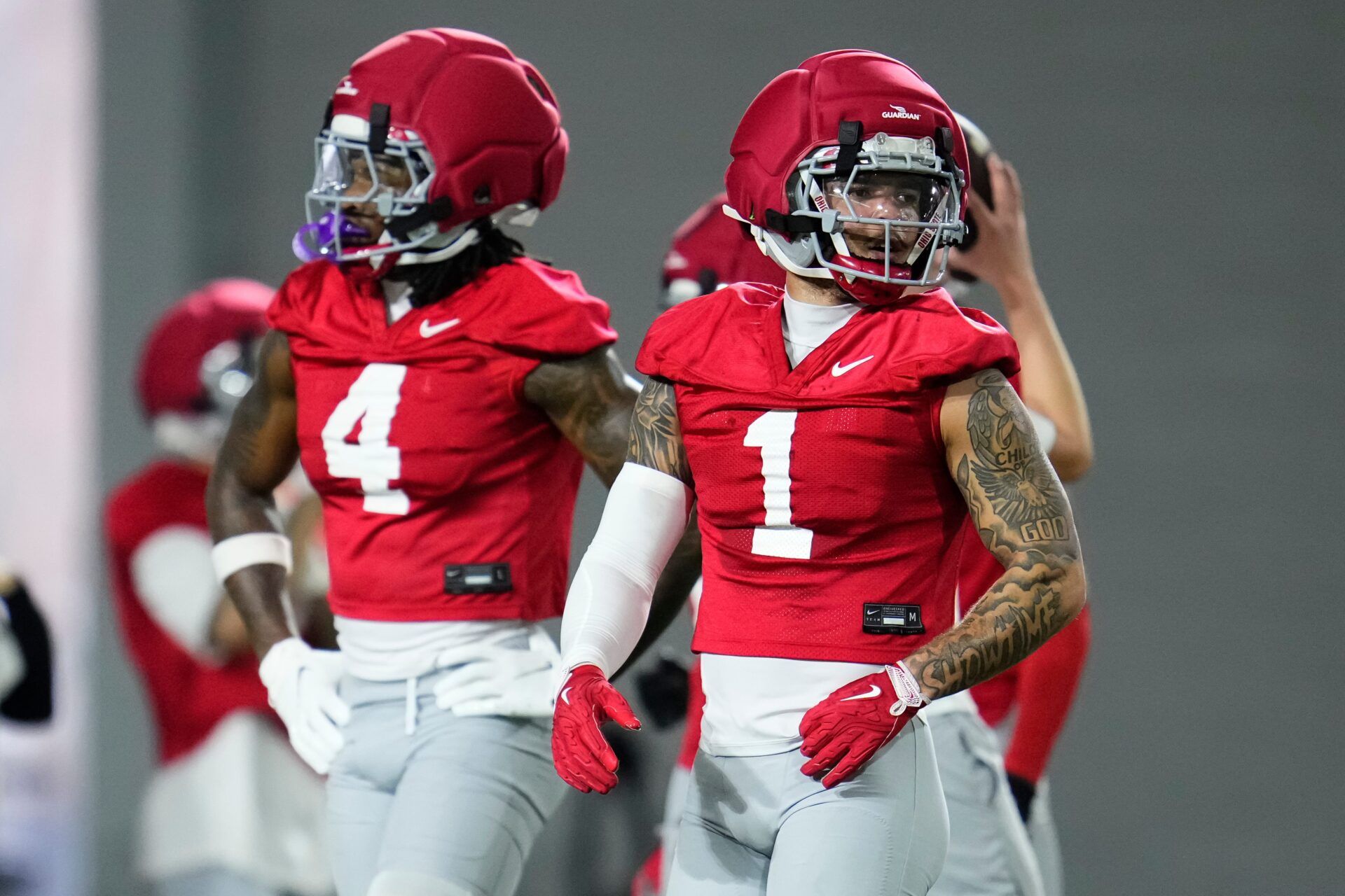 Ohio State Buckeyes wide receivers Brandon Inniss (1) and Jeremiah Smith (4) line up during the first day of spring workouts for the 2026 football season at Woody Hayes Athletic Complex in Columbus on March 10, 2026.