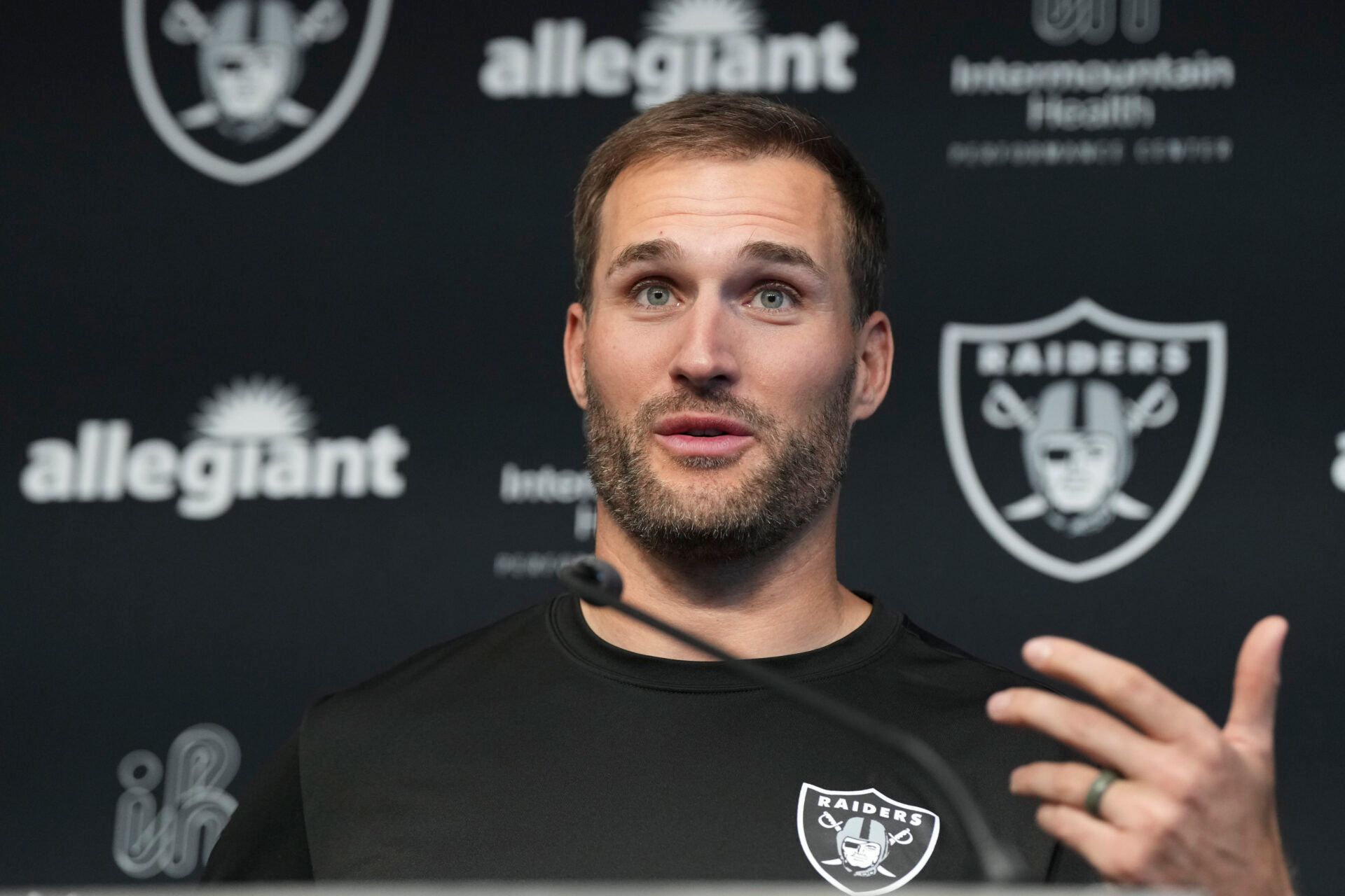 Las Vegas Raiders quarterback Kirk Cousins speaks at a  press conference at Intermountain Health Performance Center.
