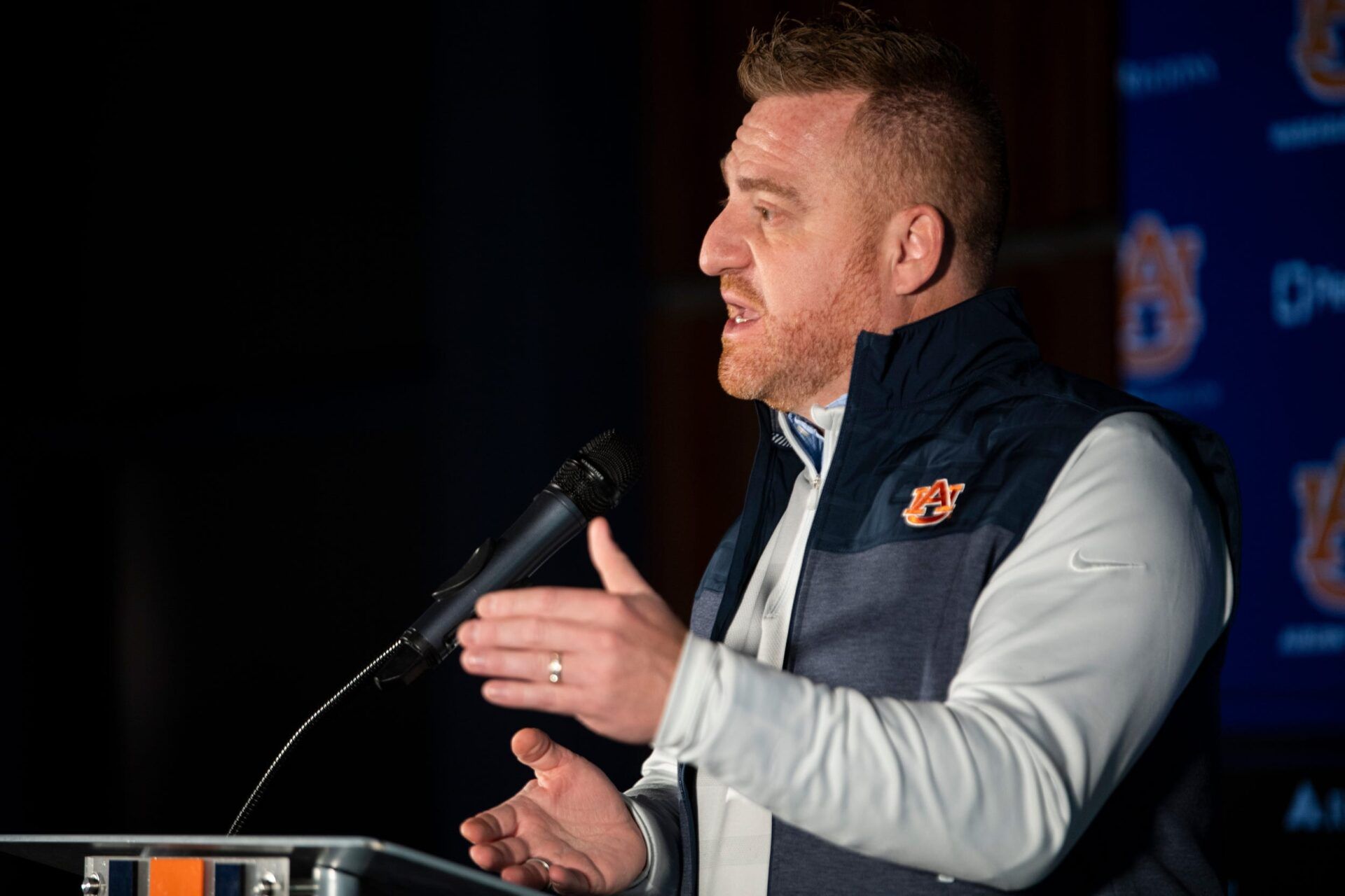 Auburn Tigers football head coach Alex Golesh speaks during a press conference at Woltosz Performance Center in Auburn, Ala. on Monday, Dec. 8, 2025.
