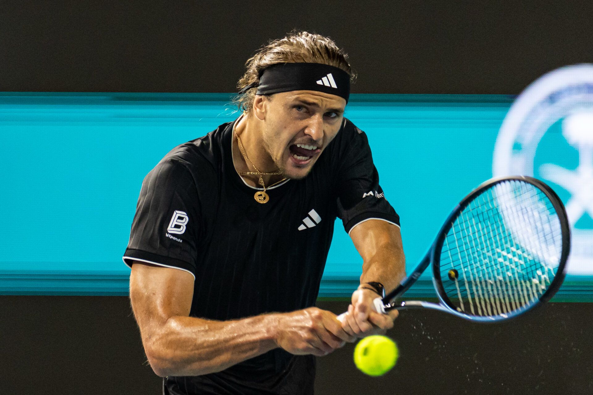 Alexander Zverev of Germany hits a backhand against Jannik Sinner of Italy in the semi-finals of the men’s singles at the Miami Open at the Hard Rock Stadium.